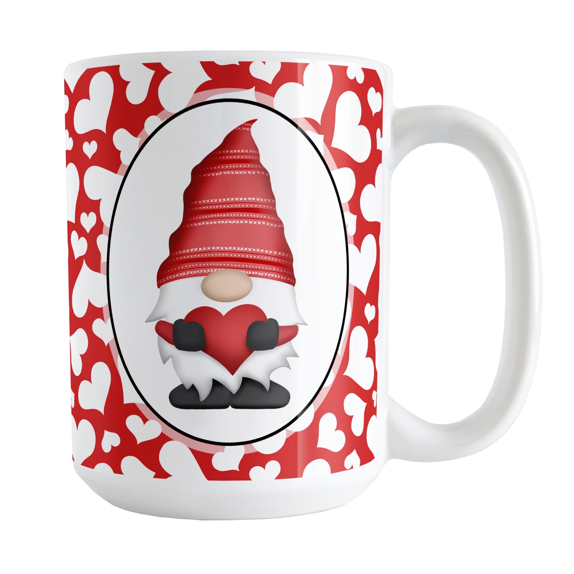 Cute White Hearts Red Gnome Mug (15oz) at Amy's Coffee Mugs. A ceramic coffee mug designed with an adorable red gnome in a white oval on both sides of the mug over a pattern of cute white hearts over a red background that wraps around the mug to the handle.