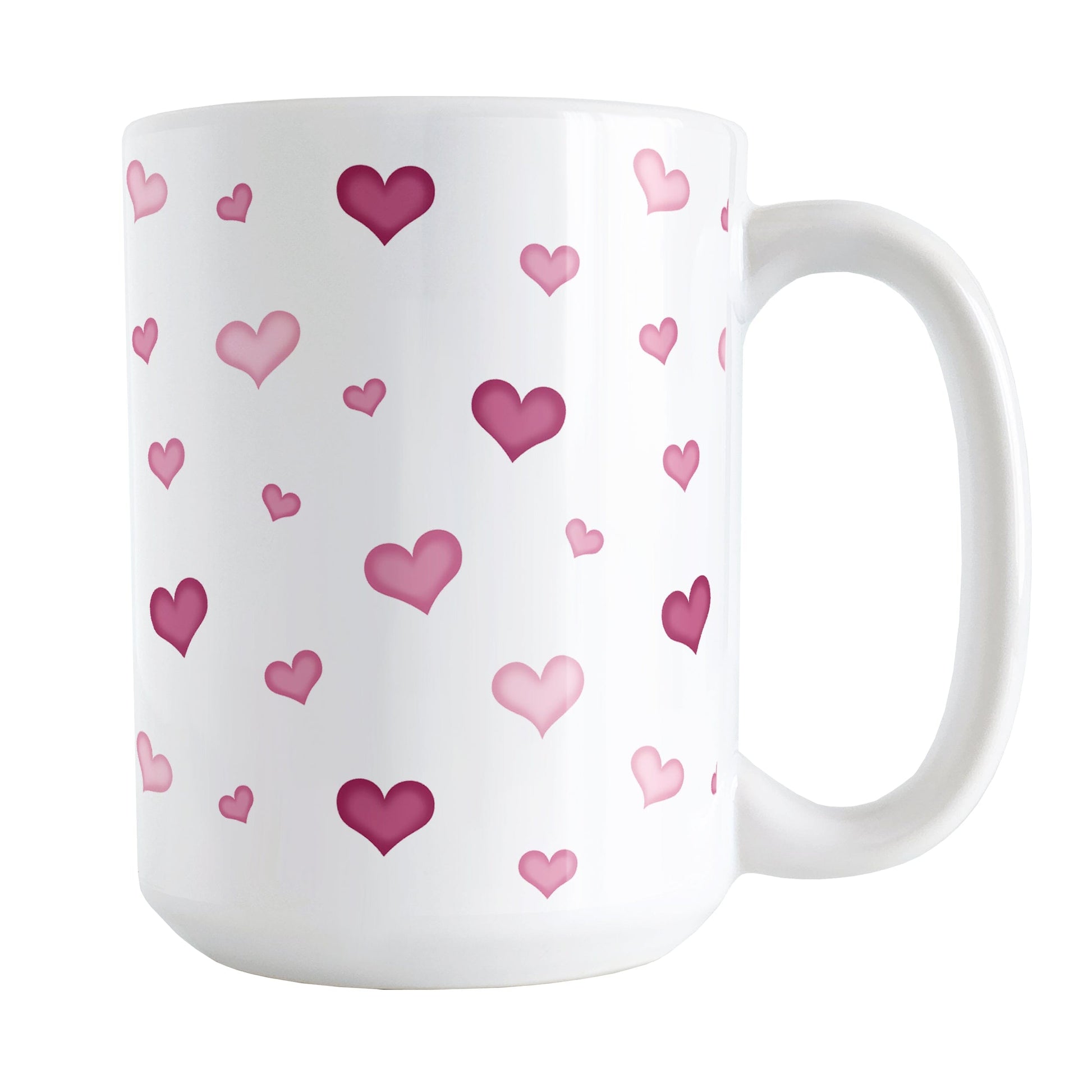 Dainty Cute Pink Hearts Mug (15oz) at Amy's Coffee Mugs. A ceramic coffee mug designed with a print of cute and dainty hand-drawn pink hearts in different shades of pink in a pattern that wraps around the mug up to the handle. 