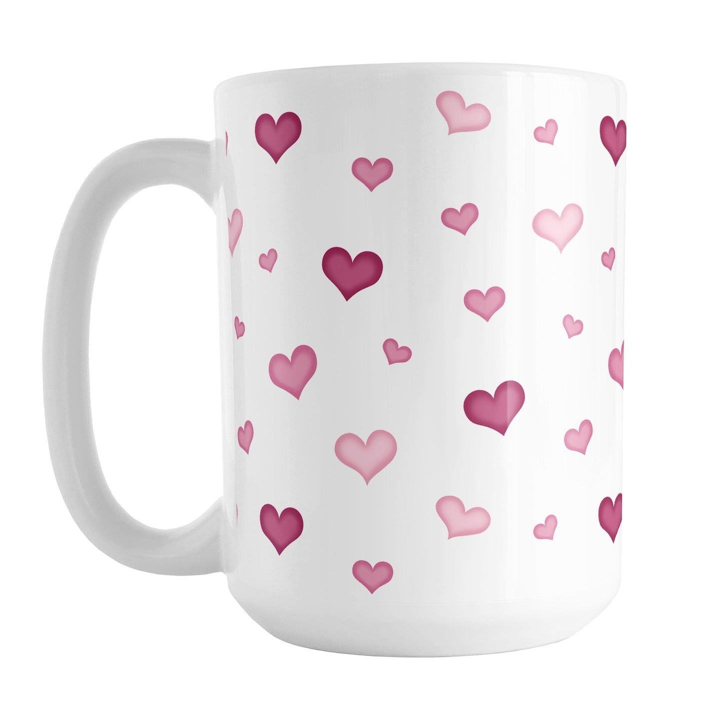 Dainty Cute Pink Hearts Mug (15oz) at Amy's Coffee Mugs. A ceramic coffee mug designed with a print of cute and dainty hand-drawn pink hearts in different shades of pink in a pattern that wraps around the mug up to the handle. 