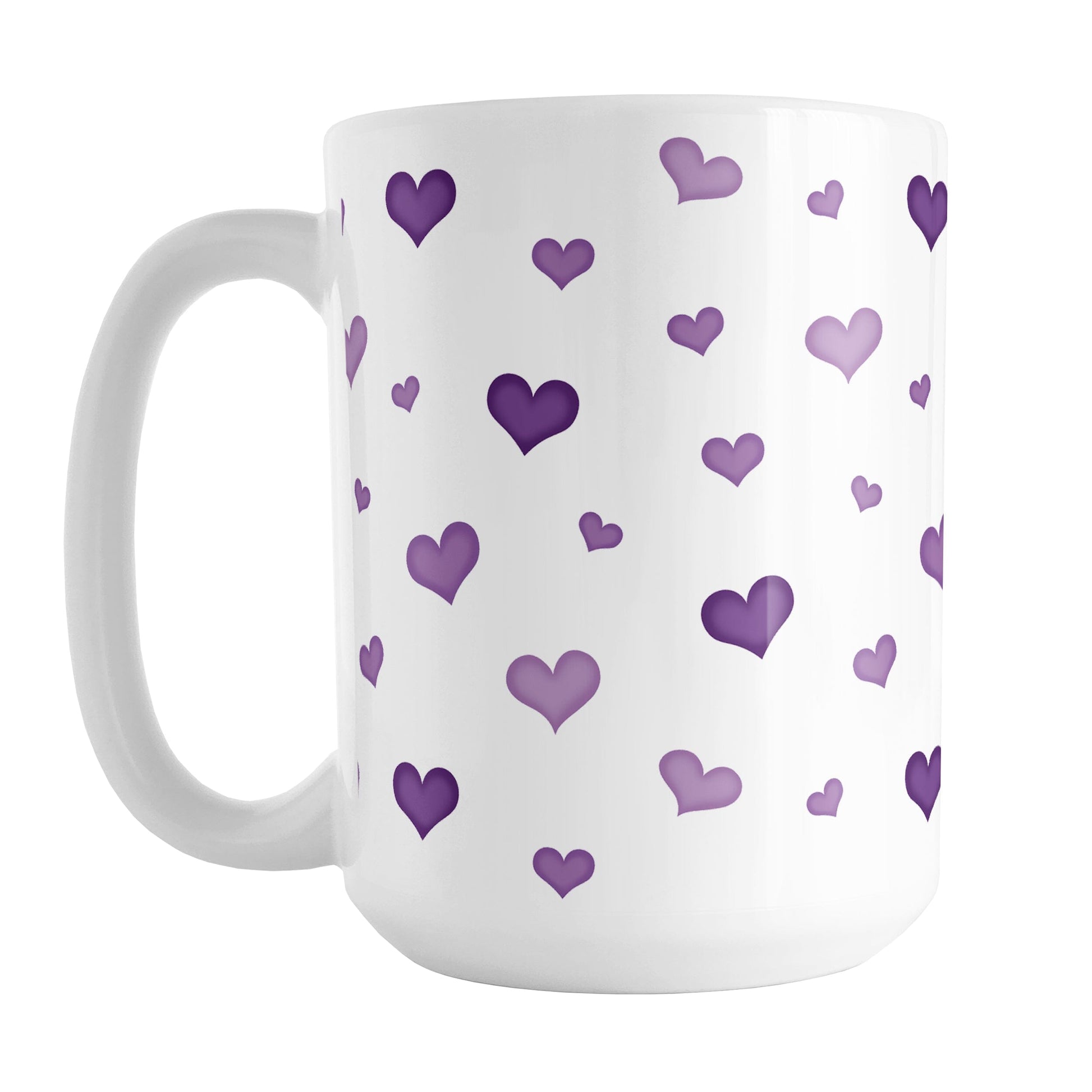 Dainty Cute Purple Hearts Mug (15oz) at Amy's Coffee Mugs. A ceramic coffee mug designed with a print of cute and dainty hand-drawn purple hearts in different shades of purple in a pattern that wraps around the mug up to the handle.