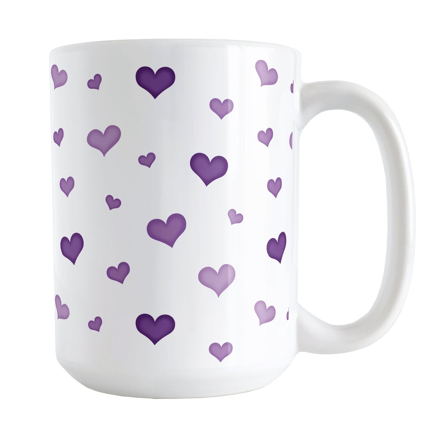 Dainty Cute Purple Hearts Mug (15oz) at Amy's Coffee Mugs. A ceramic coffee mug designed with a print of cute and dainty hand-drawn purple hearts in different shades of purple in a pattern that wraps around the mug up to the handle.