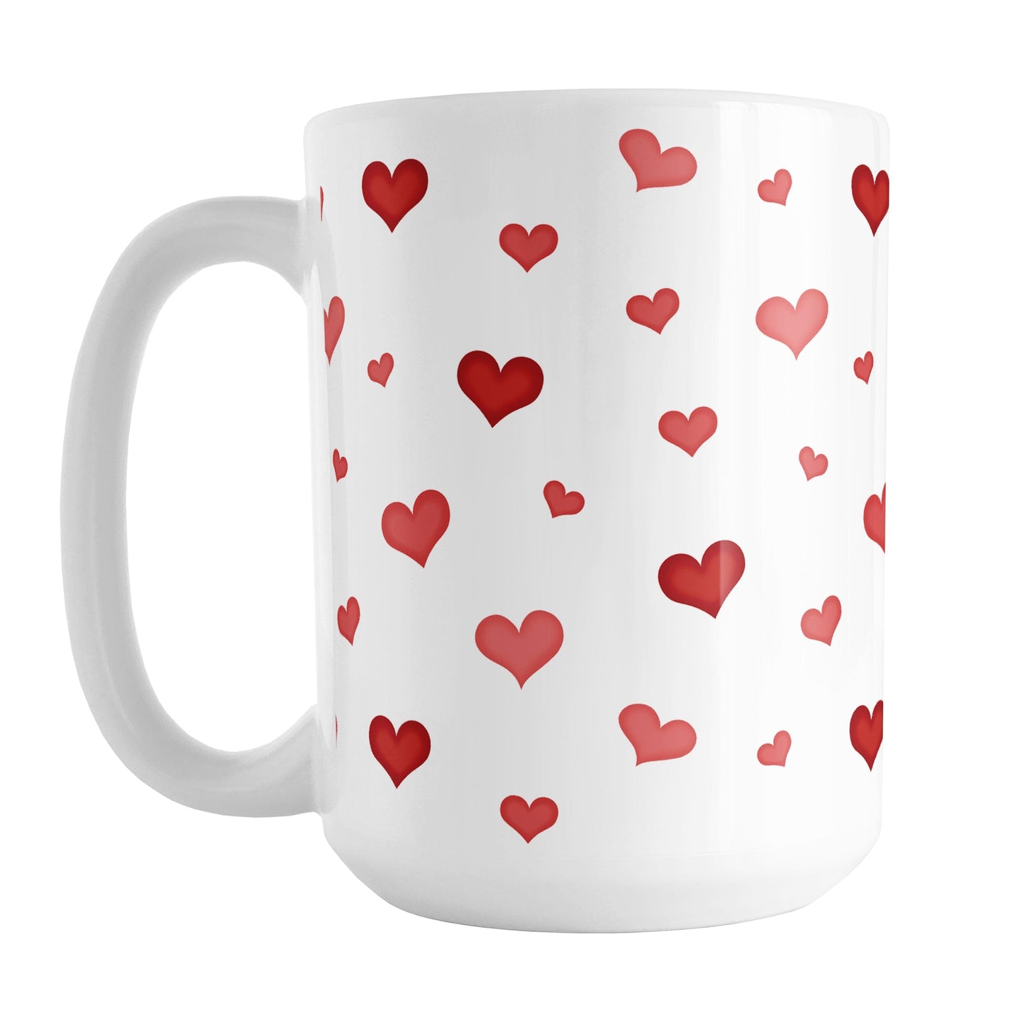 Dainty Cute Red Hearts Mug (15oz) at Amy's Coffee Mugs. A ceramic coffee mug designed with a print of cute and dainty hand-drawn re hearts in different shades of red in a pattern that wraps around the mug up to the handle. 