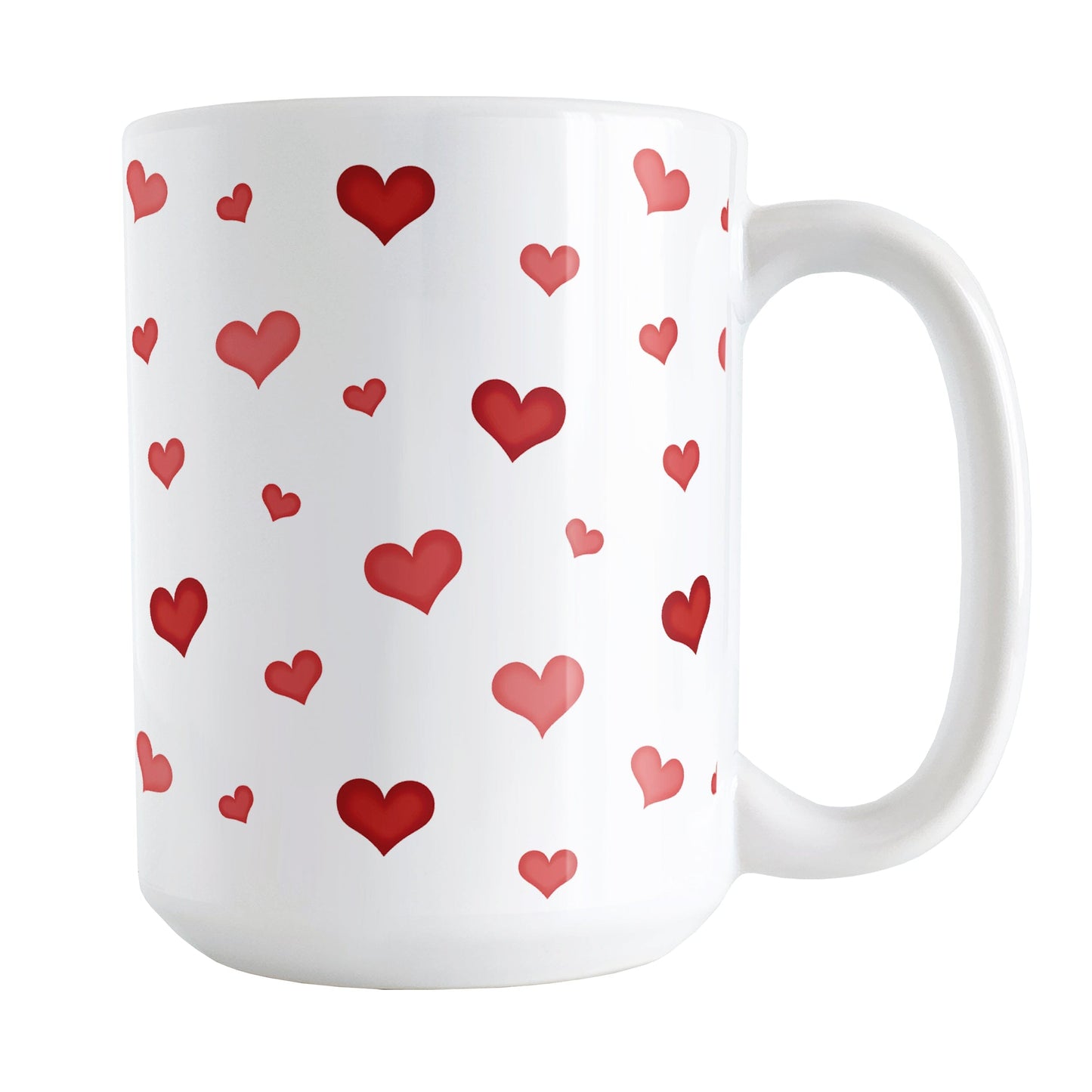 Dainty Cute Red Hearts Mug (15oz) at Amy's Coffee Mugs. A ceramic coffee mug designed with a print of cute and dainty hand-drawn re hearts in different shades of red in a pattern that wraps around the mug up to the handle. 