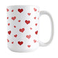 Dainty Cute Red Hearts Mug (15oz) at Amy's Coffee Mugs. A ceramic coffee mug designed with a print of cute and dainty hand-drawn re hearts in different shades of red in a pattern that wraps around the mug up to the handle. 