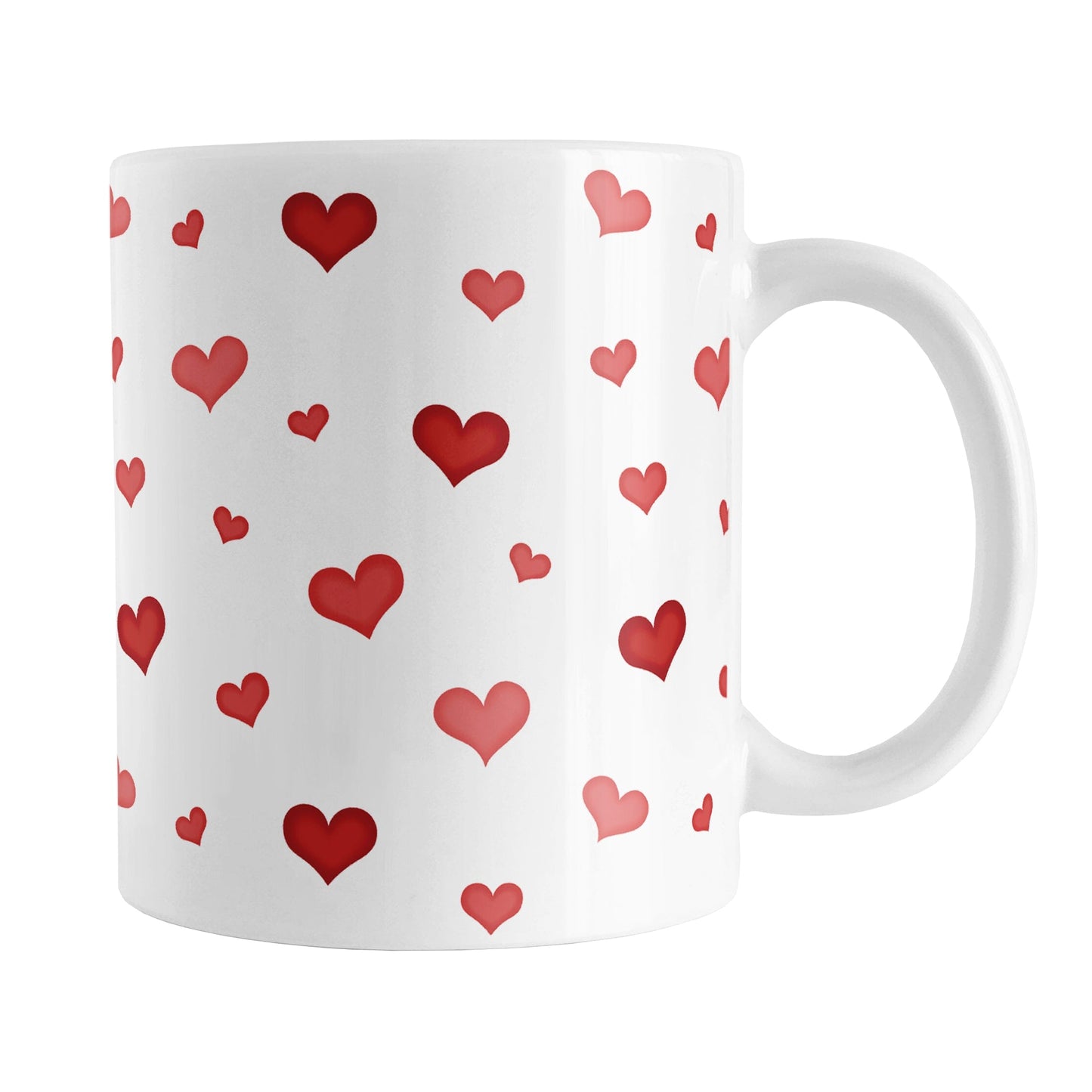 Dainty Cute Red Hearts Mug (11oz) at Amy's Coffee Mugs. A ceramic coffee mug designed with a print of cute and dainty hand-drawn re hearts in different shades of red in a pattern that wraps around the mug up to the handle. 