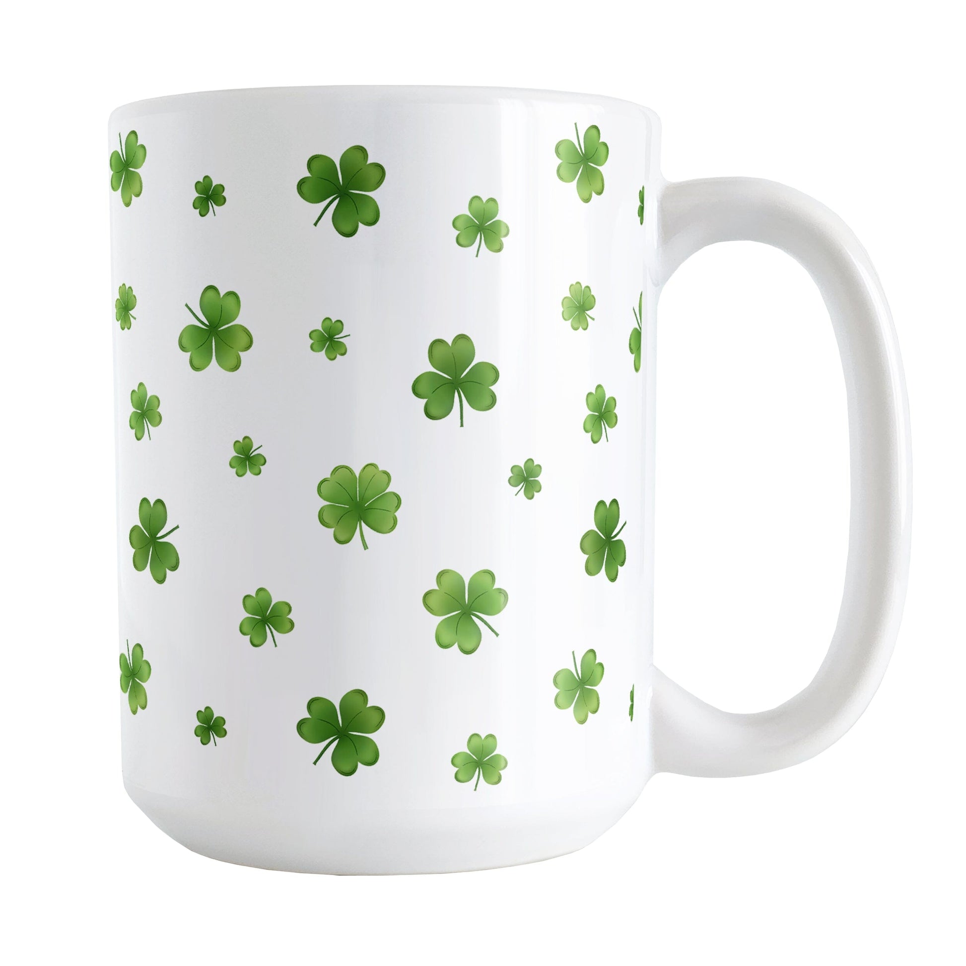 Dainty Shamrocks and Clovers Mug (15oz) at Amy's Coffee Mugs. A ceramic coffee mug designed with hand-drawn green shamrocks and 4-leaf clovers in a dainty minimalist pattern that wraps around the mug up to the handle.