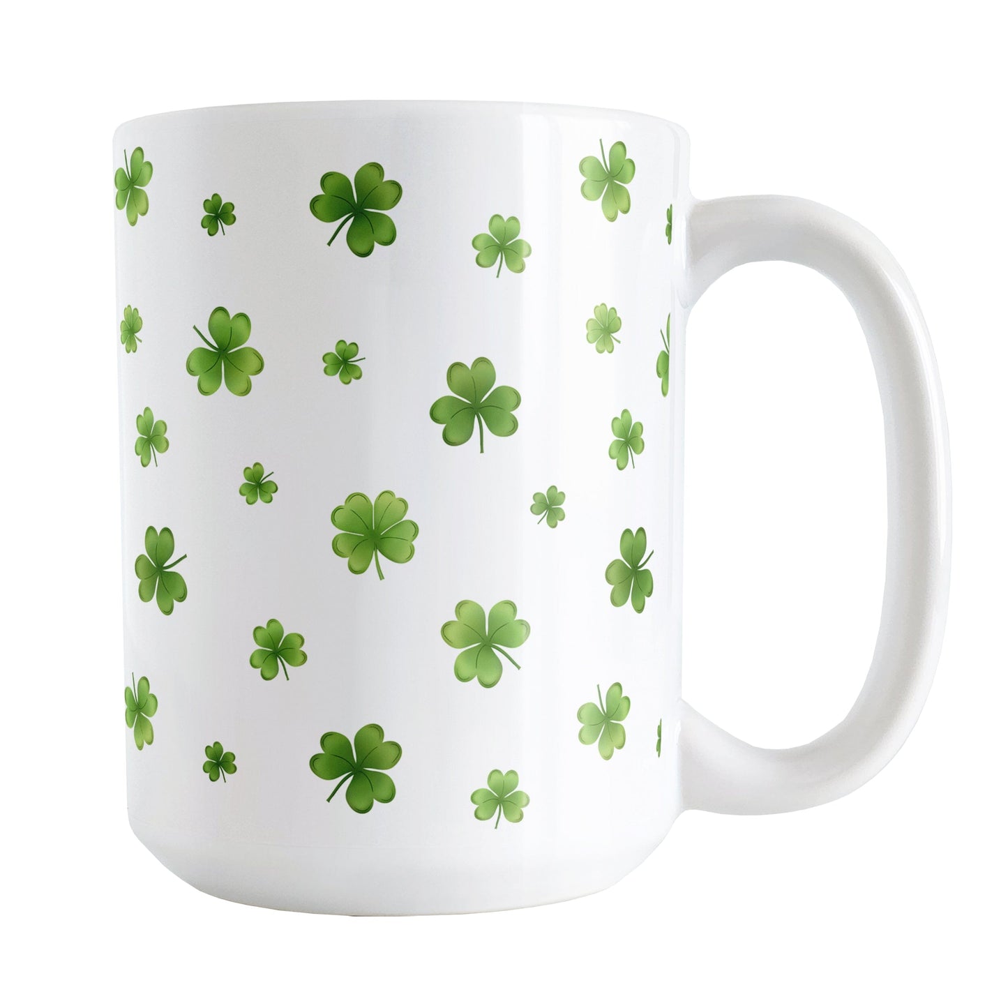 Dainty Shamrocks and Clovers Mug (15oz) at Amy's Coffee Mugs. A ceramic coffee mug designed with hand-drawn green shamrocks and 4-leaf clovers in a dainty minimalist pattern that wraps around the mug up to the handle.