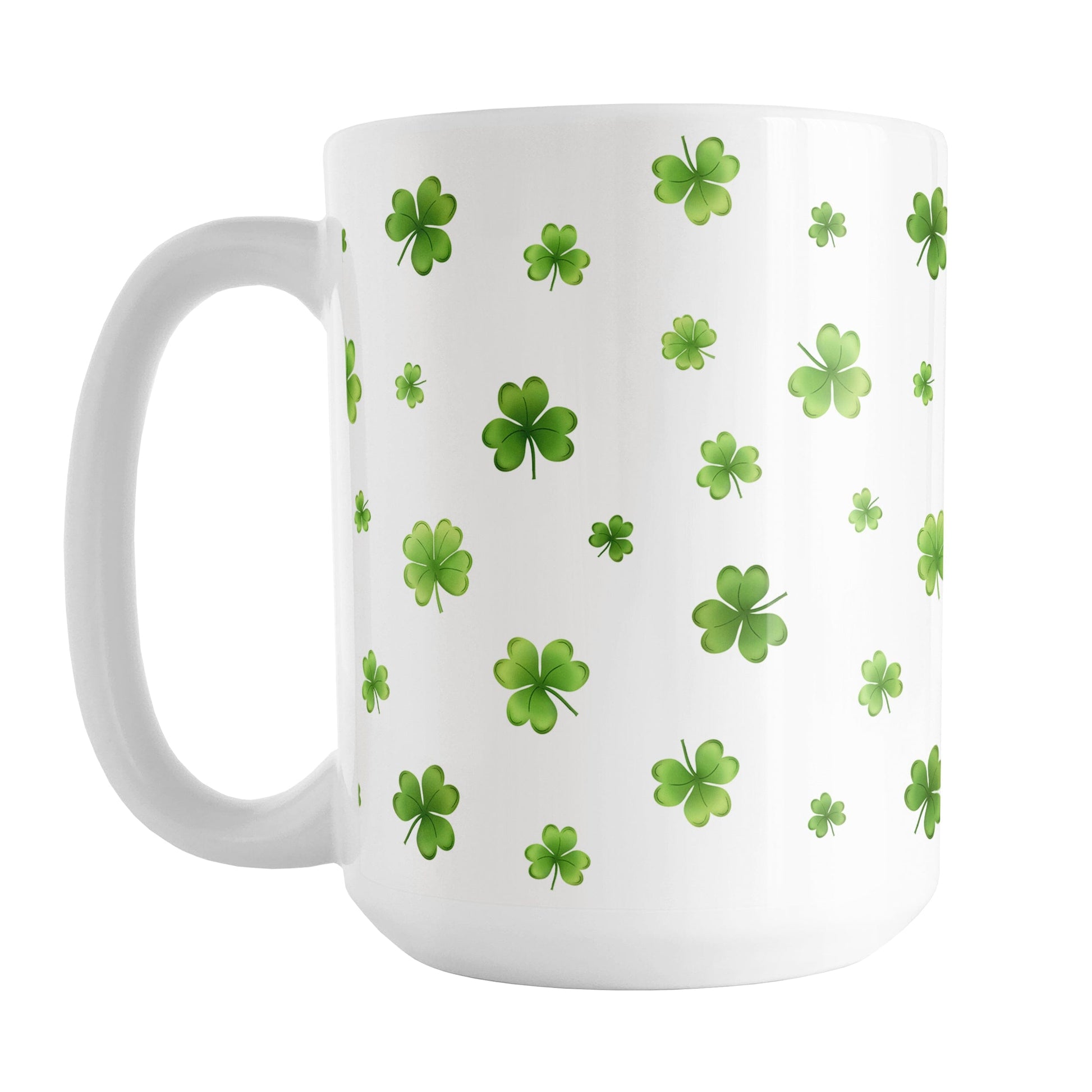 Dainty Shamrocks and Clovers Mug (15oz) at Amy's Coffee Mugs. A ceramic coffee mug designed with hand-drawn green shamrocks and 4-leaf clovers in a dainty minimalist pattern that wraps around the mug up to the handle.
