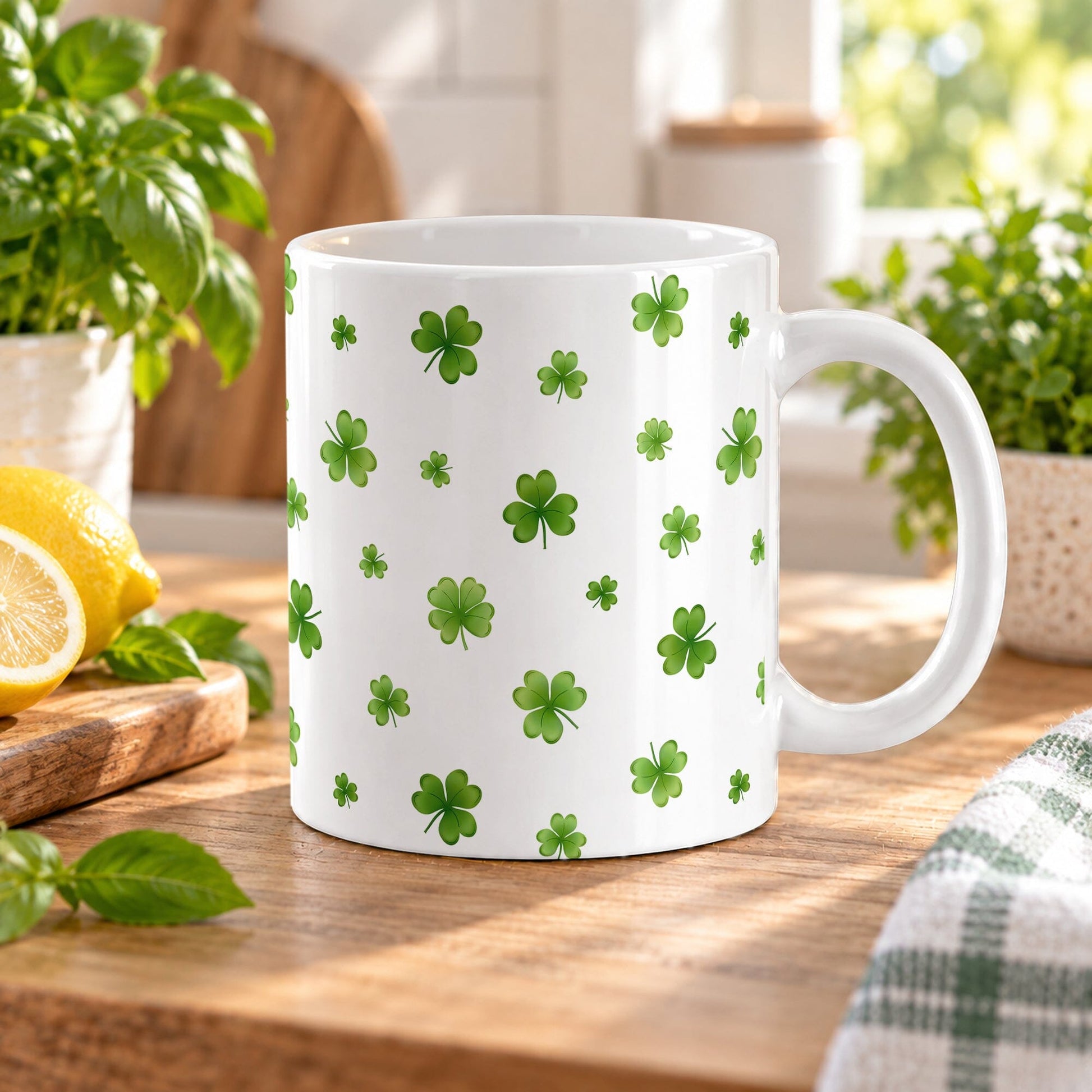 11 oz St. Patrick’s Day mug with small green shamrocks and four-leaf clovers scattered across a white ceramic background, shown on a wooden tabletop in a kitchen with spring plants and decor.
