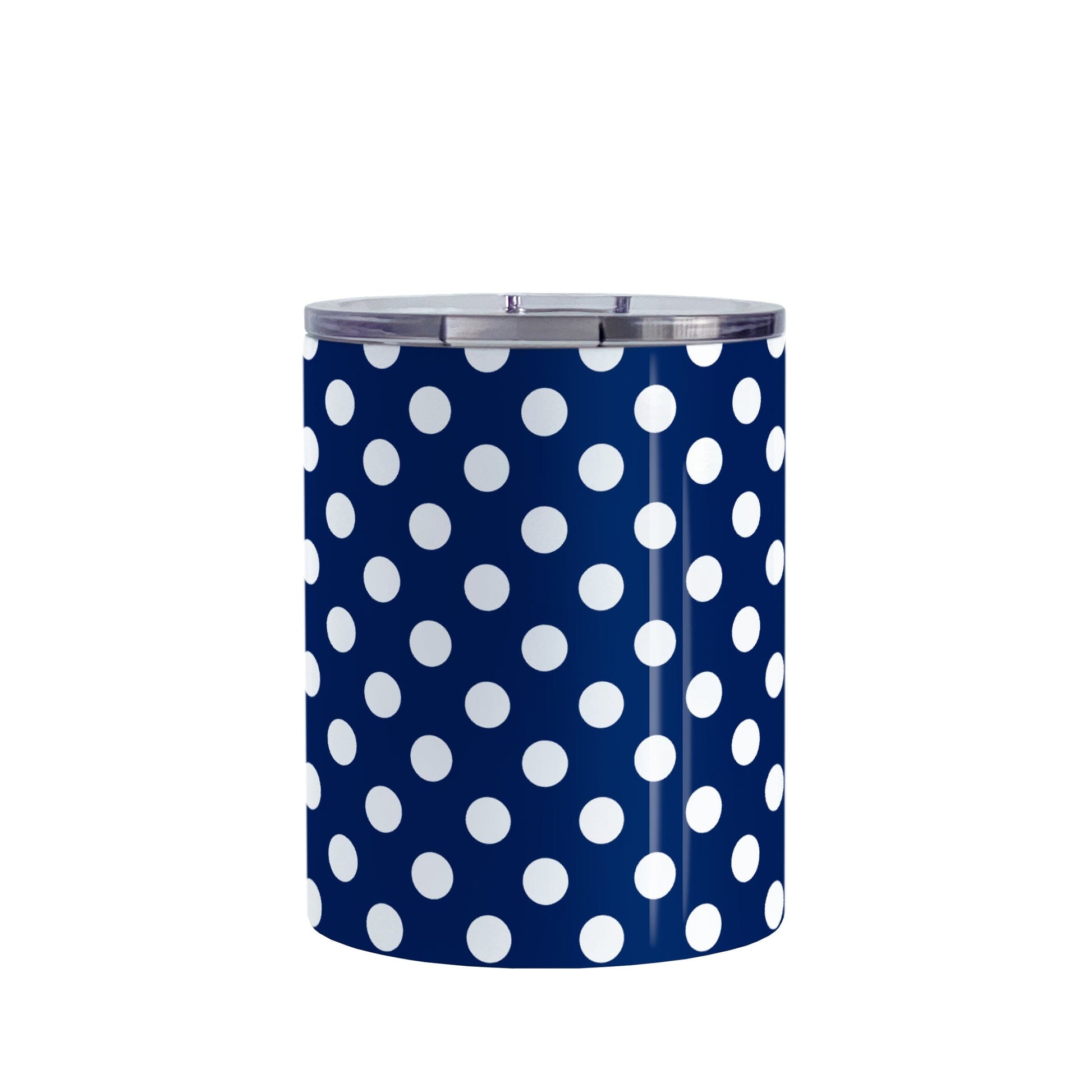 Dark Blue Polka Dot Tumbler Cup (10oz, stainless steel insulated) at Amy's Coffee Mugs. A cup designed with a pattern of white polka dots over a dark navy blue background color that wraps around the cup.