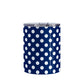 Dark Blue Polka Dot Tumbler Cup (10oz, stainless steel insulated) at Amy's Coffee Mugs. A cup designed with a pattern of white polka dots over a dark navy blue background color that wraps around the cup.