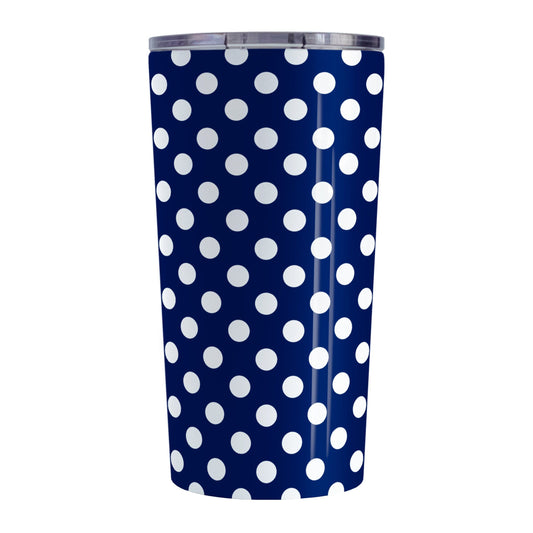 Dark Blue Polka Dot Tumbler Cup (20oz, stainless steel insulated) at Amy's Coffee Mugs. A cup designed with a pattern of white polka dots over a dark navy blue background color that wraps around the cup.