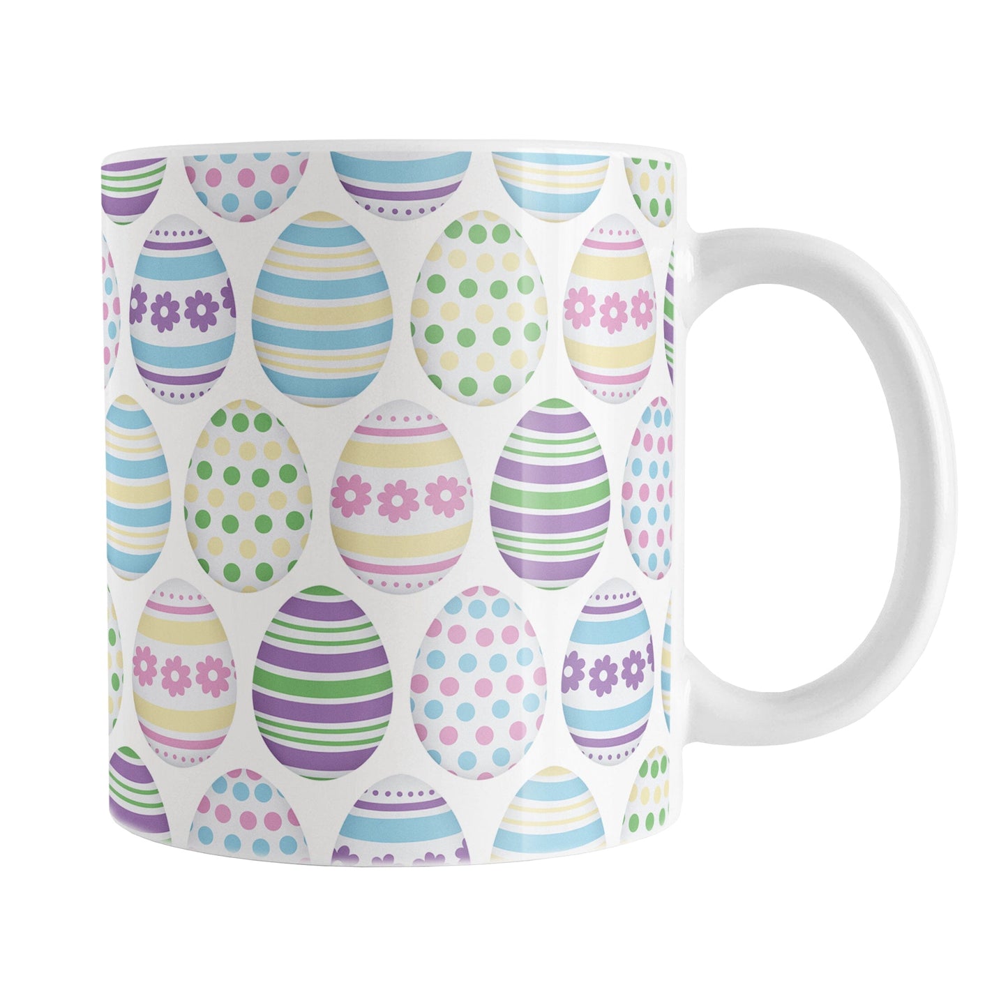 White mug with Easter egg pattern on a white background