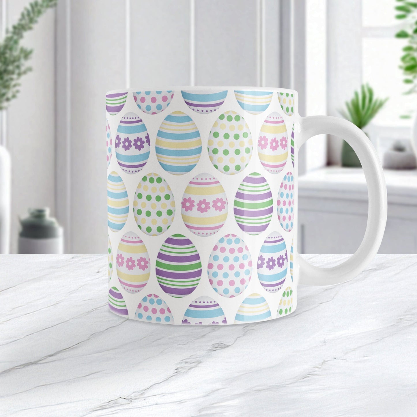 11oz white mug with Easter egg pattern on a white marble surface