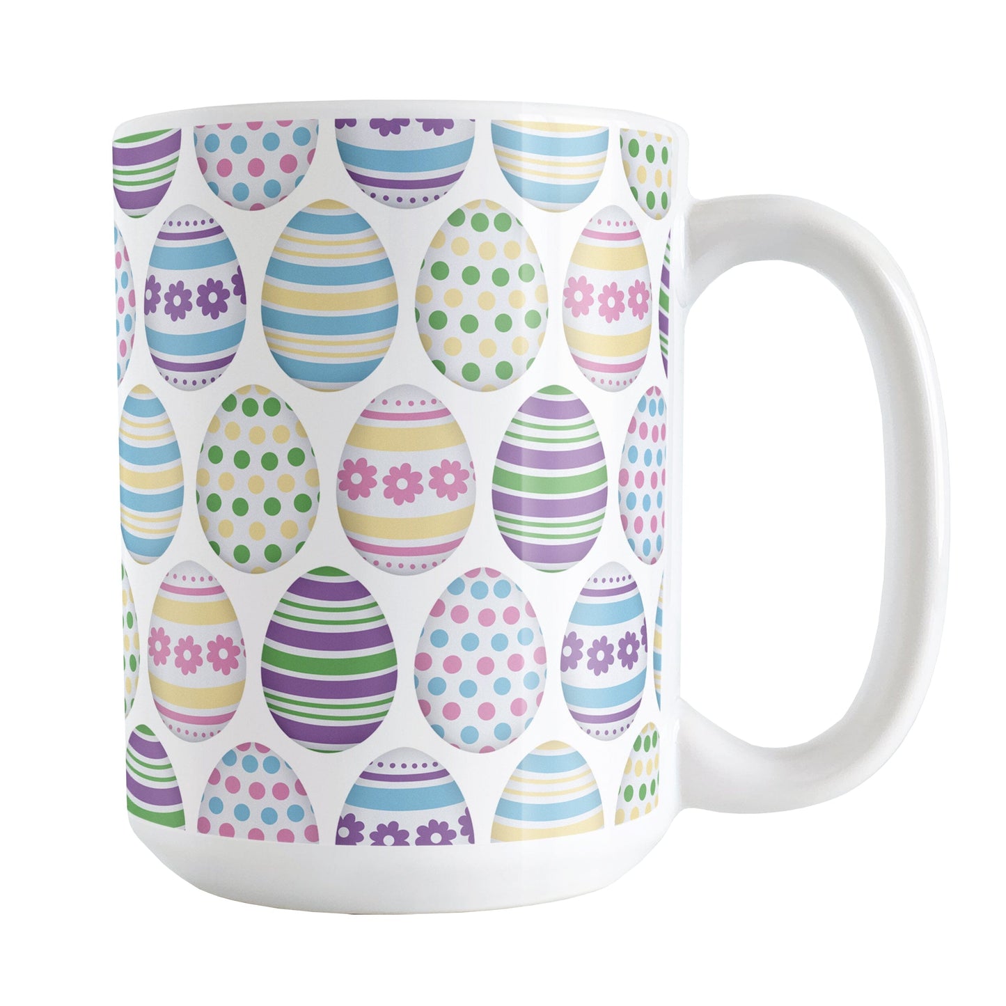 15oz white mug with colorful Easter egg pattern on a white background