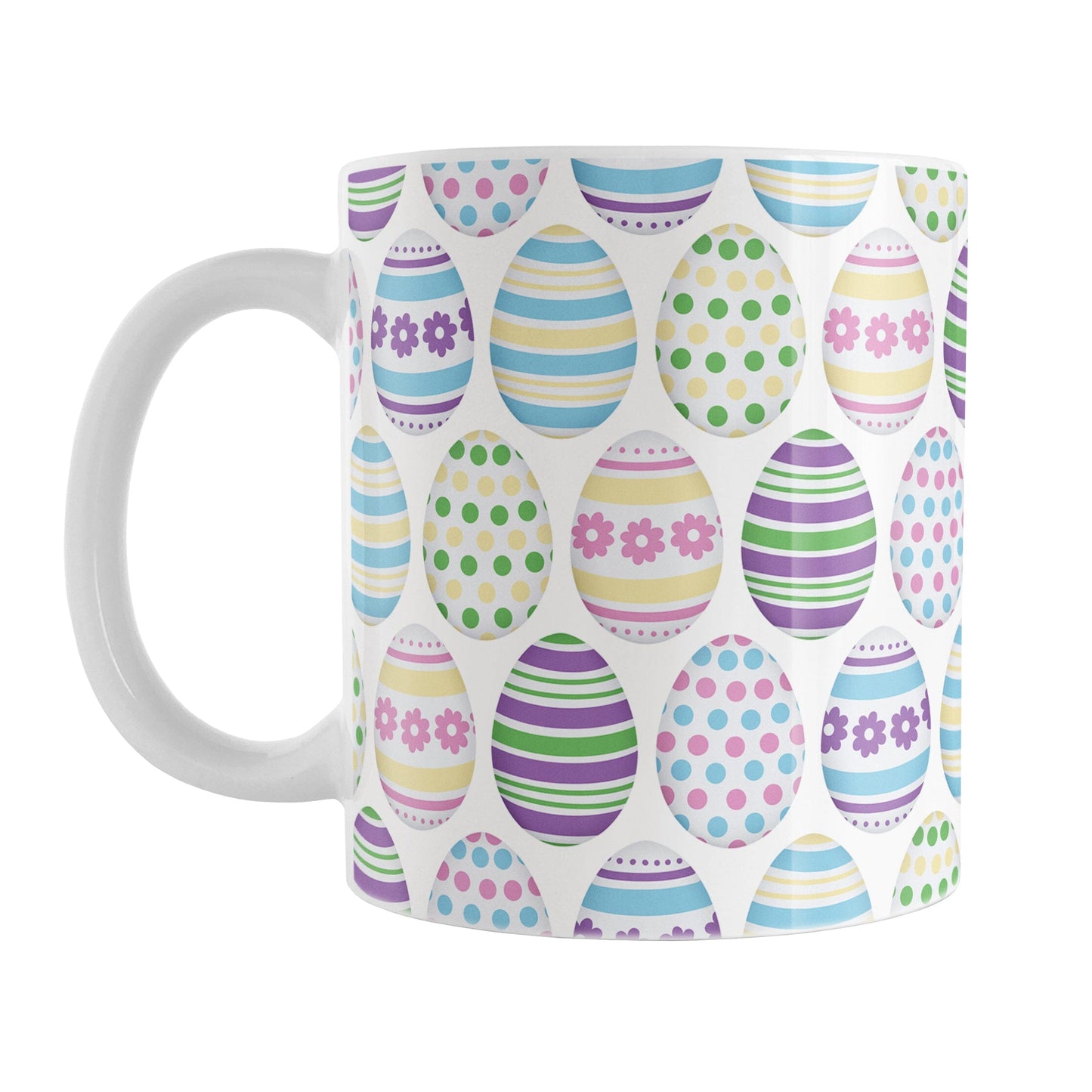 Mug with colorful Easter egg pattern on a white background