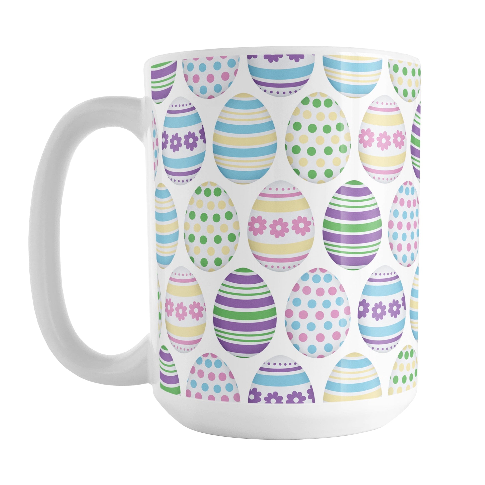 15oz white mug with Easter egg pattern on a white background