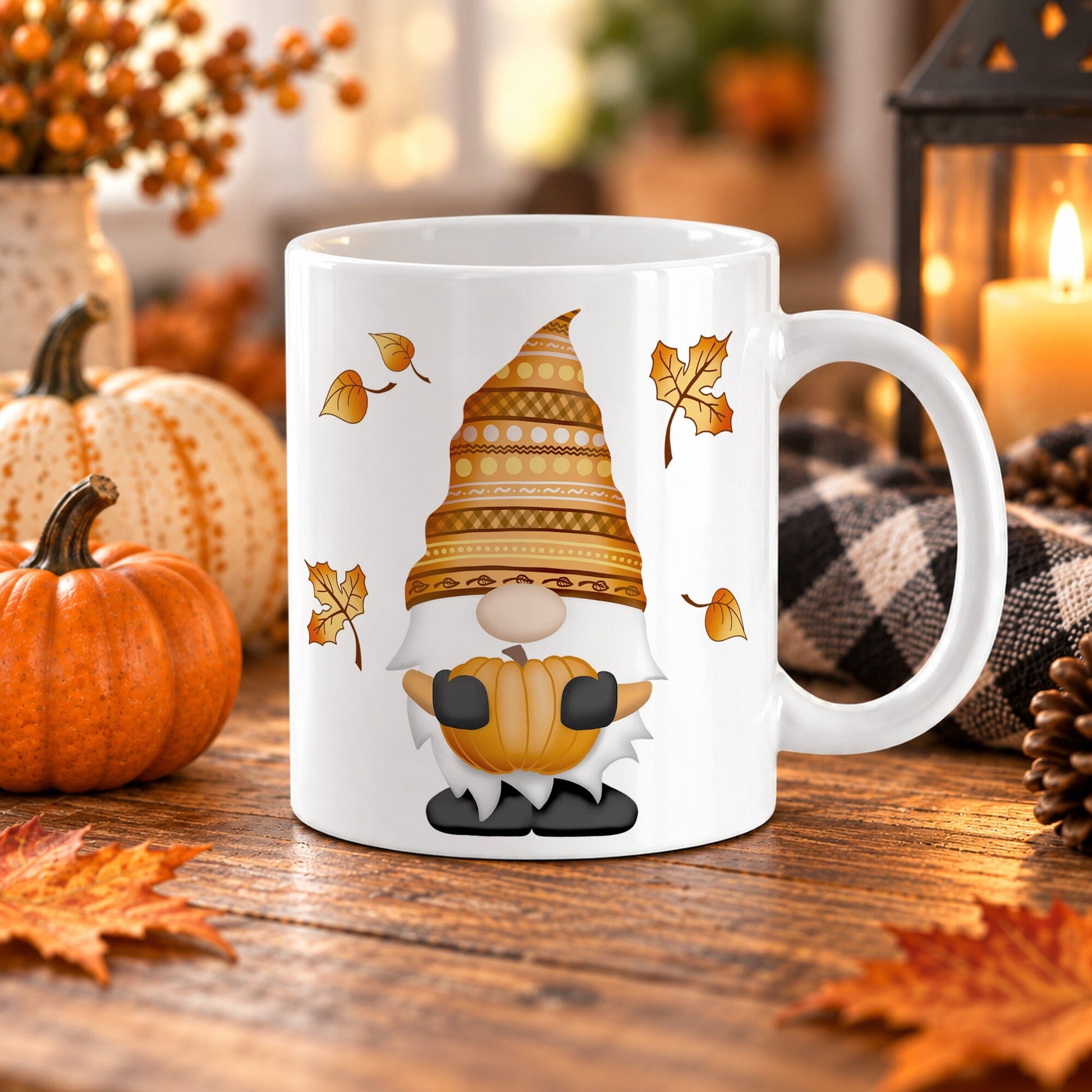 Fall pumpkin gnome coffee mug in 11 oz with an autumn gnome holding an orange pumpkin, patterned fall hat, and scattered leaves, displayed on a wooden table with fall decor around it.