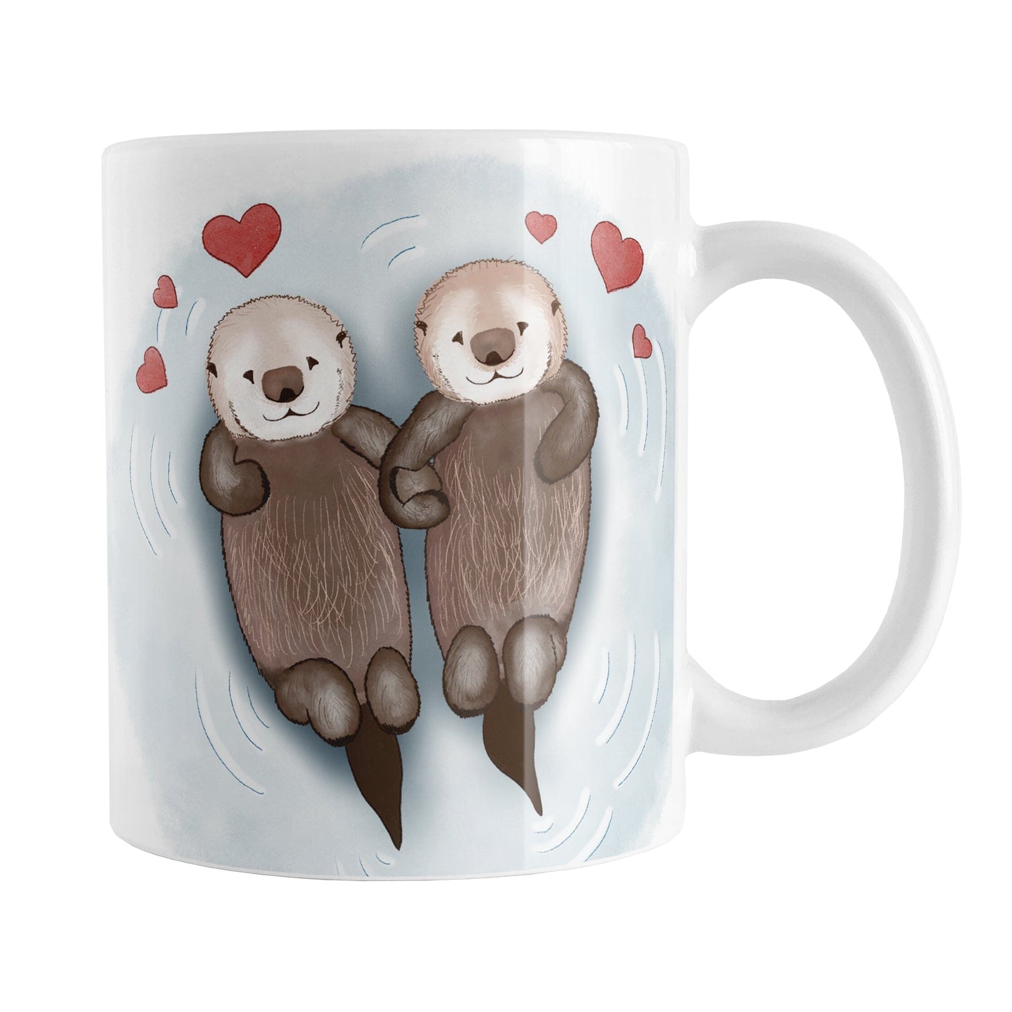 Floating Otters in Love Mug (11oz) at Amy's Coffee Mugs. A ceramic coffee mug designed with a hand-drawn illustration of two cute otters floating in the water, holding hands in love, with red hearts above them. This adorable drawing is on both sides of the mug.
