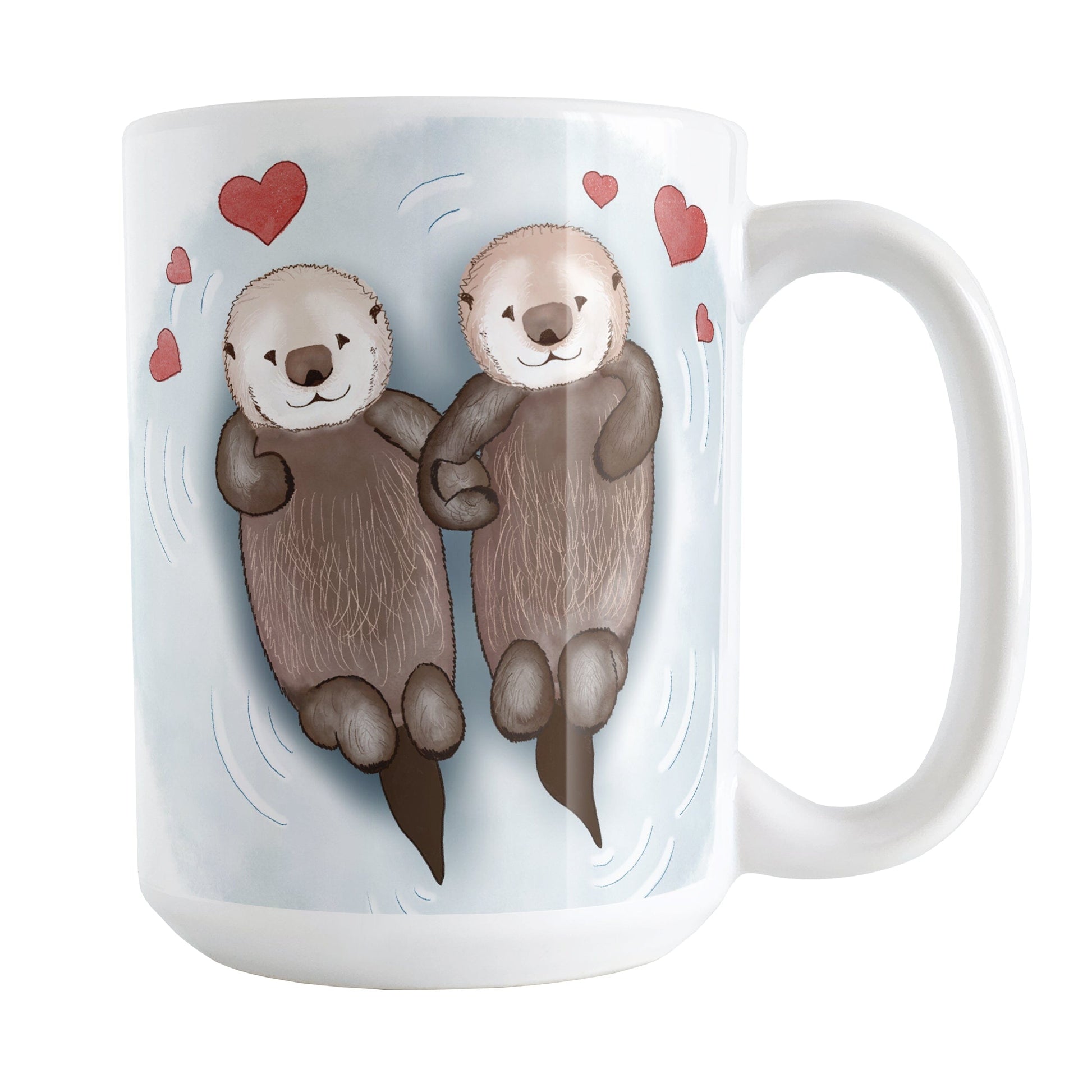 Floating Otters in Love Mug (15oz) at Amy's Coffee Mugs. A ceramic coffee mug designed with a hand-drawn illustration of two cute otters floating in the water, holding hands in love, with red hearts above them. This adorable drawing is on both sides of the mug.
