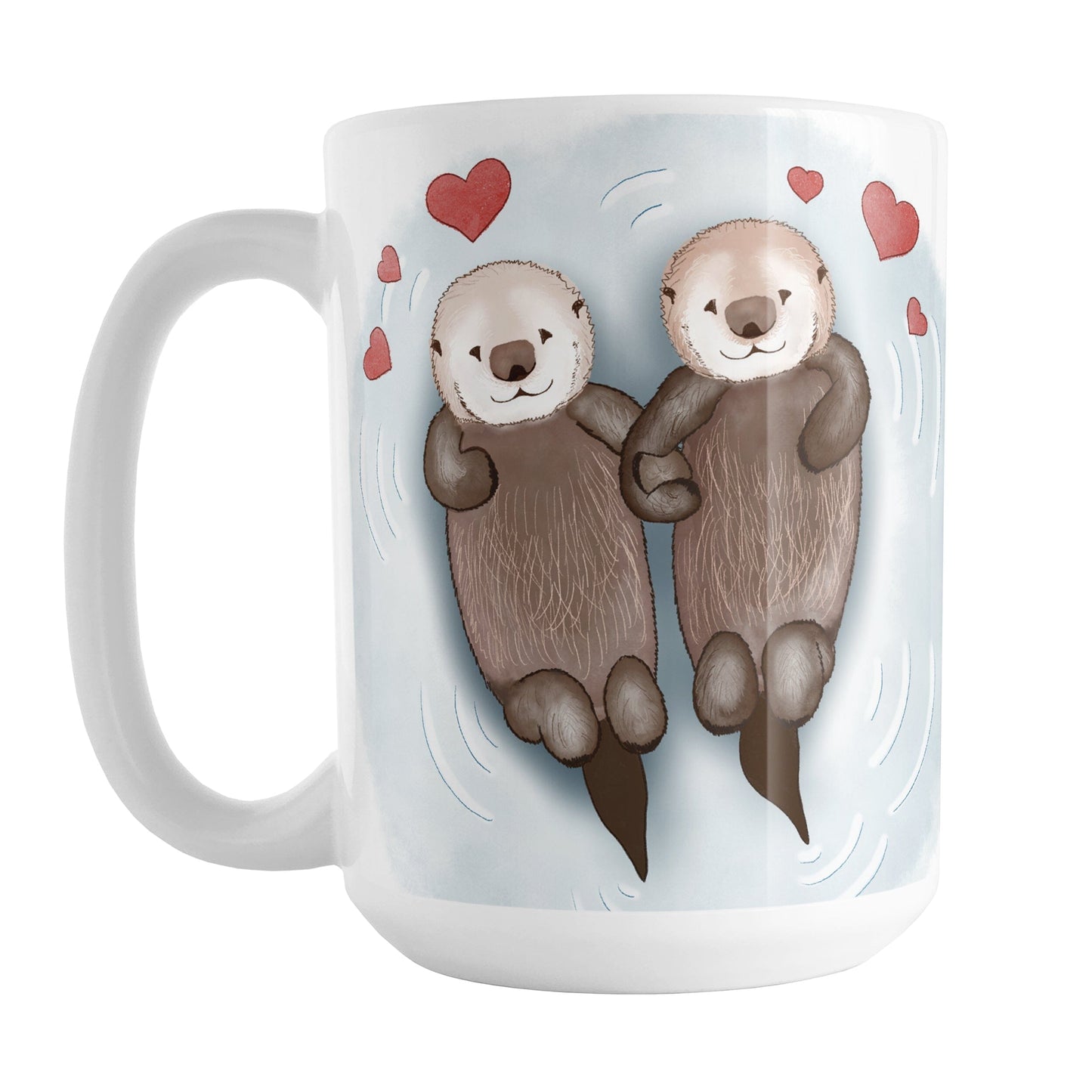 Floating Otters in Love Mug (15oz) at Amy's Coffee Mugs. A ceramic coffee mug designed with a hand-drawn illustration of two cute otters floating in the water, holding hands in love, with red hearts above them. This adorable drawing is on both sides of the mug.