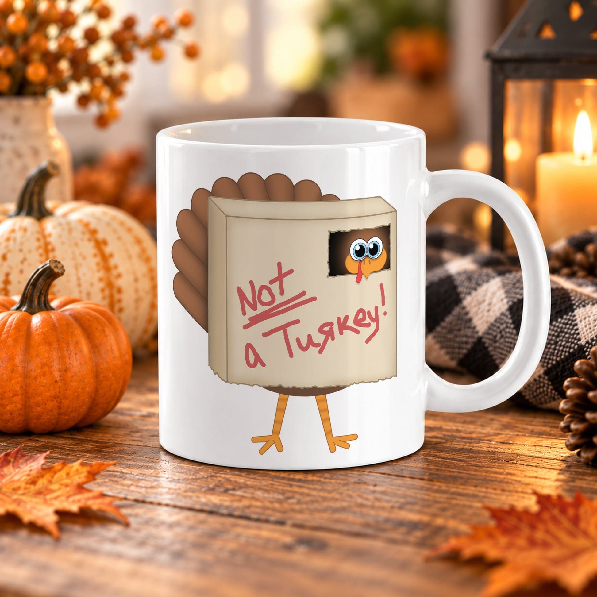 11 oz funny Thanksgiving turkey mug with cartoon turkey hiding in a cardboard box labeled “Not a Turkey!” in red lettering, on a wooden table in a fall-themed setting with pumpkins, autumn leaves, and a candle.