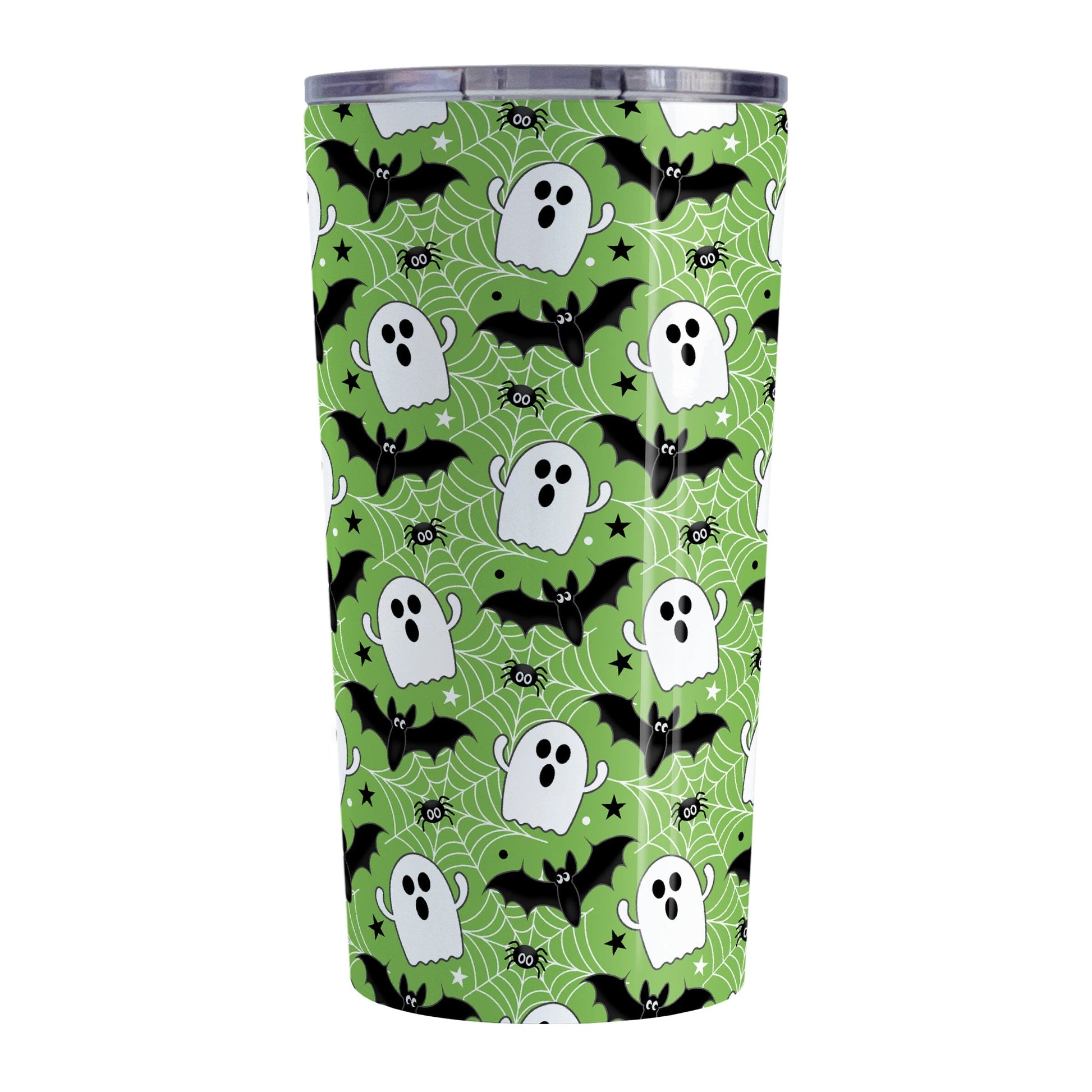 Tumbler with Halloween-themed design featuring ghosts, bats, and spiders on a green background.