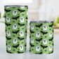 Two tumblers with Halloween-themed design featuring ghosts, bats, and spiders on a green background.