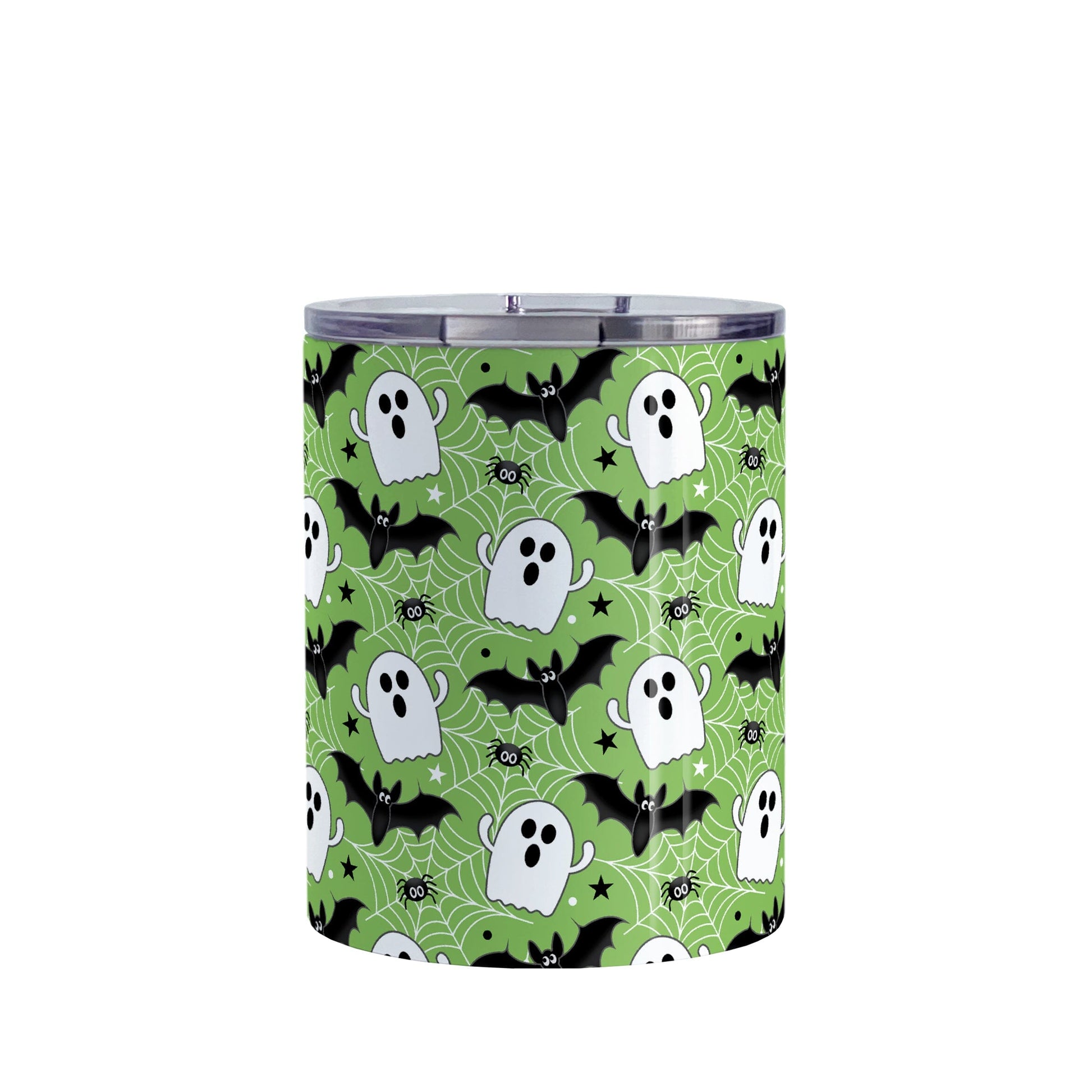 Tumbler with Halloween-themed design featuring ghosts, bats, and spiders on a green background.