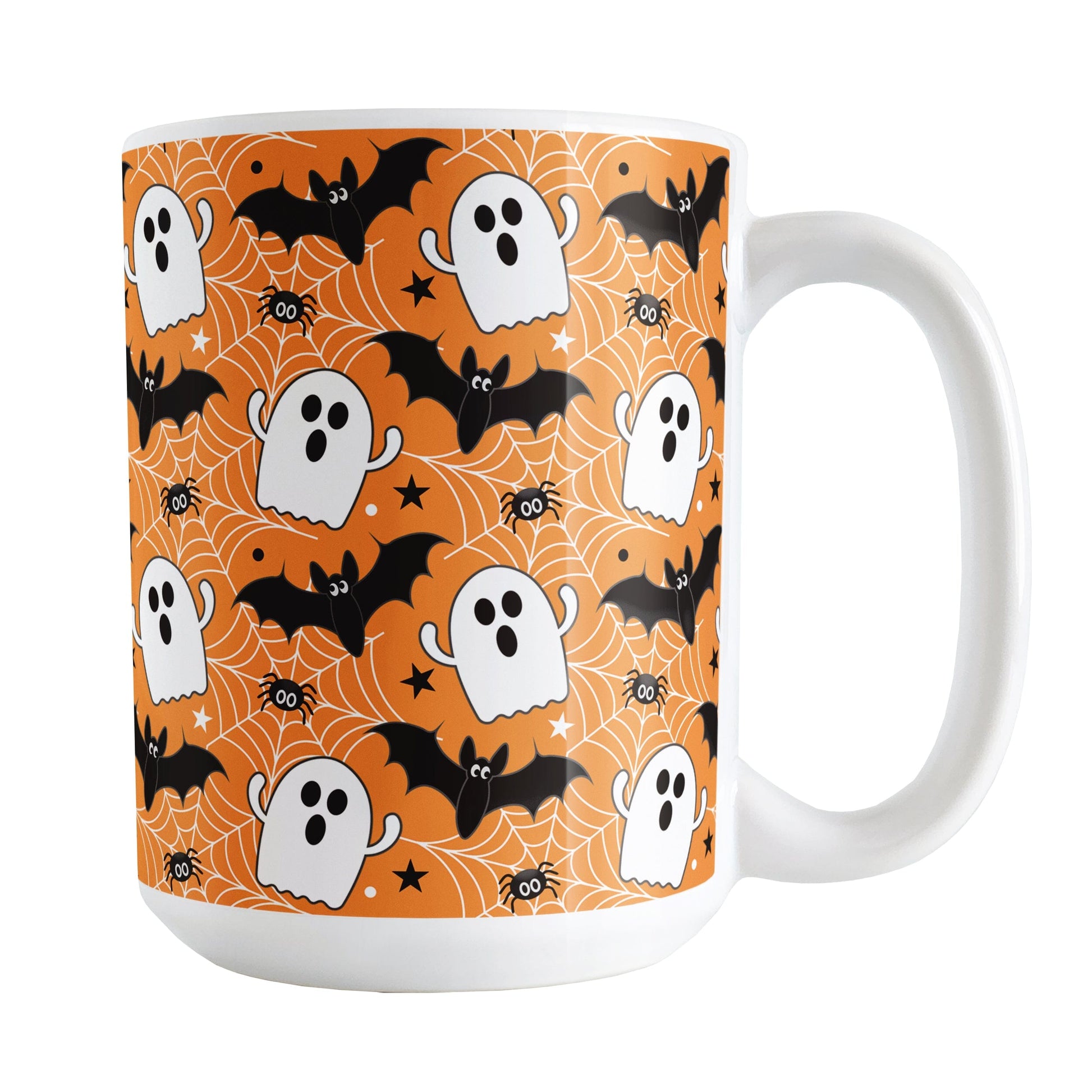 Halloween-themed mug with ghosts, bats, and spiders on an orange background