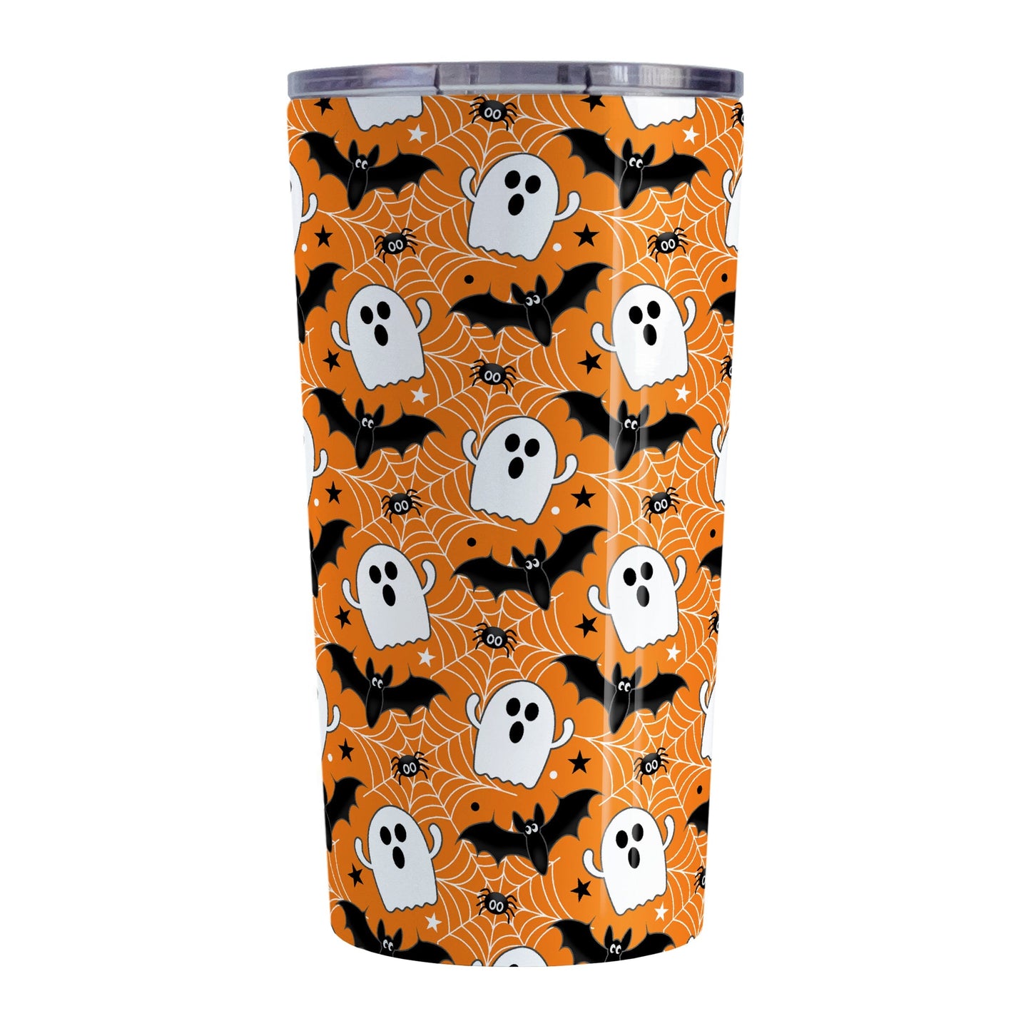 Tumbler with Halloween-themed design featuring ghosts, bats, and spider webs on an orange background.