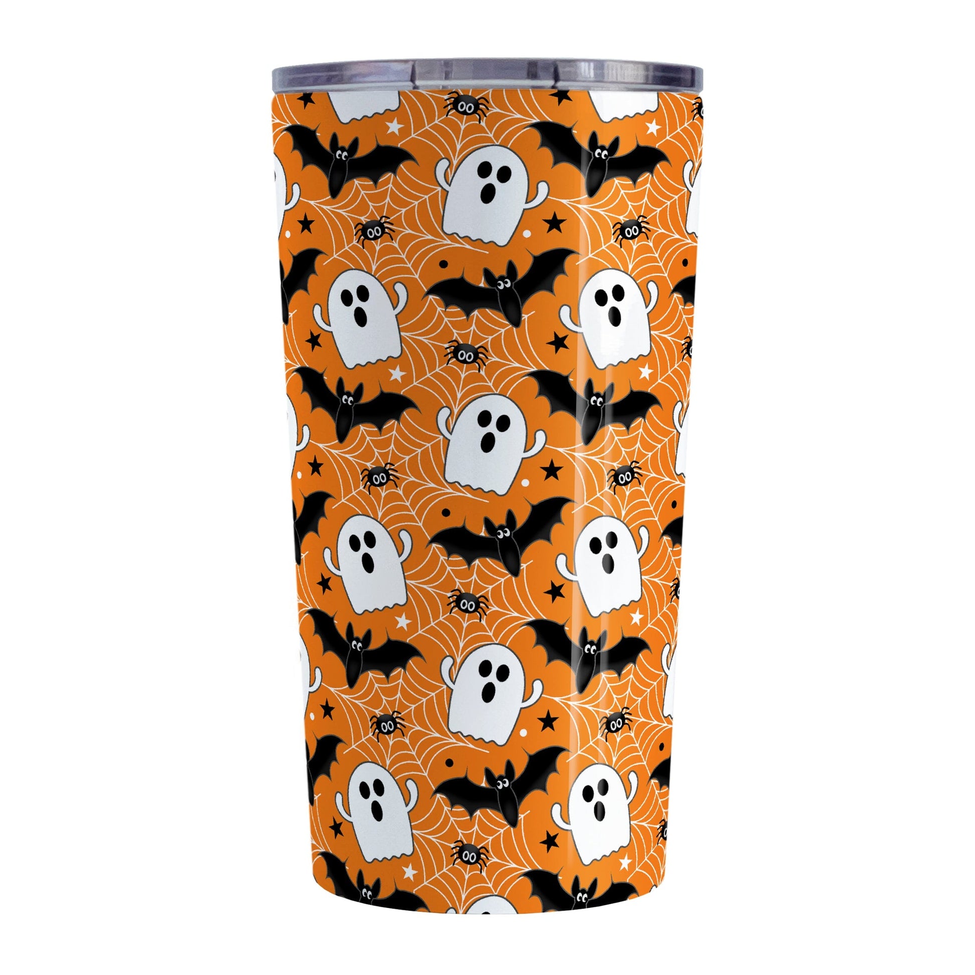 Tumbler with Halloween-themed design featuring ghosts, bats, and spider webs on an orange background.