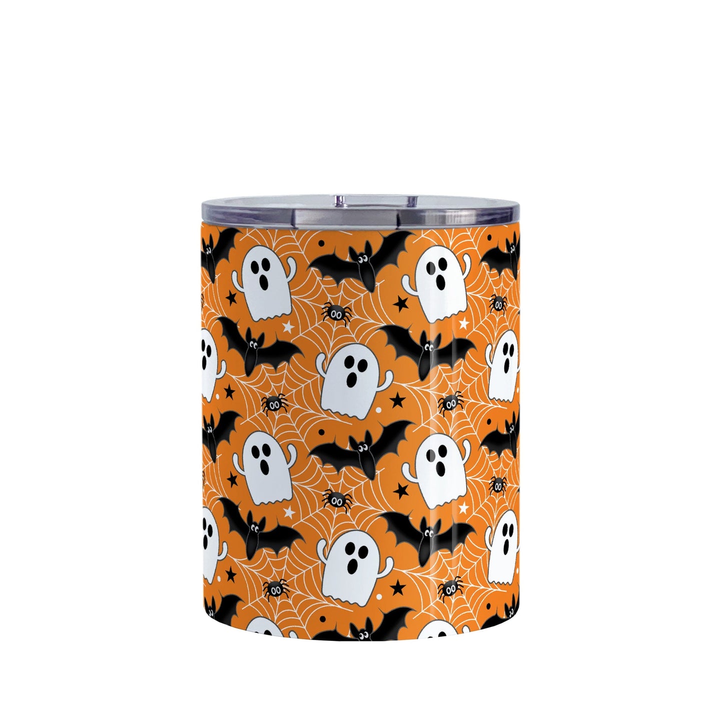 Tumbler with Halloween-themed design featuring ghosts, bats, and spider webs on an orange background.
