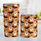 Two Halloween-themed tumblers with ghost, bat, and spider web pattern on an orange background.