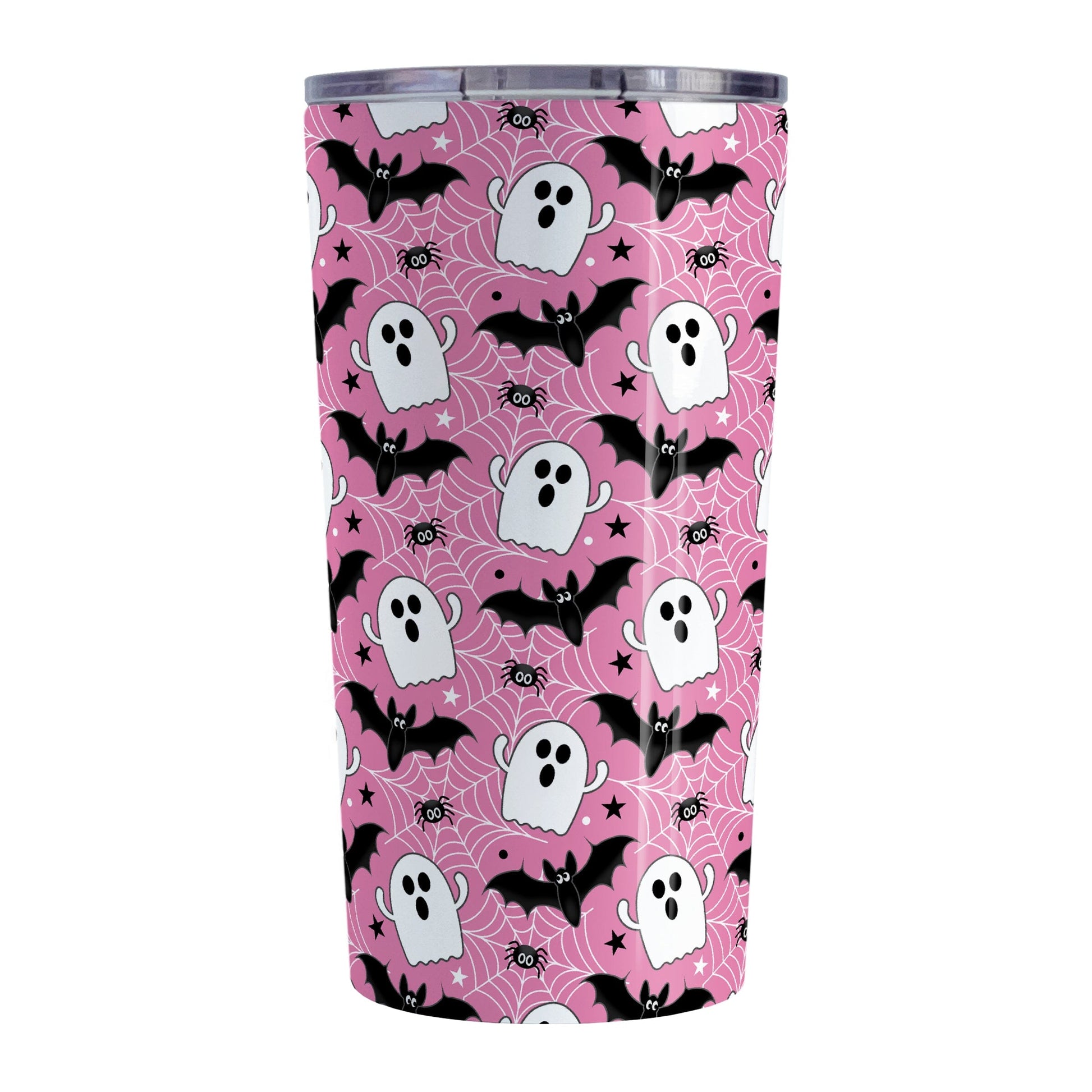 Ghosts Bats and Spiders Pink Halloween Tumbler Cup at Amy's Coffee Mugs