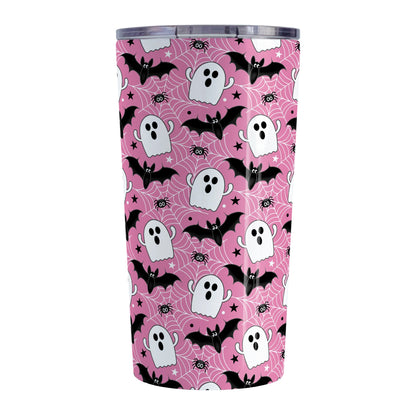 Ghosts Bats and Spiders Pink Halloween Tumbler Cup at Amy's Coffee Mugs