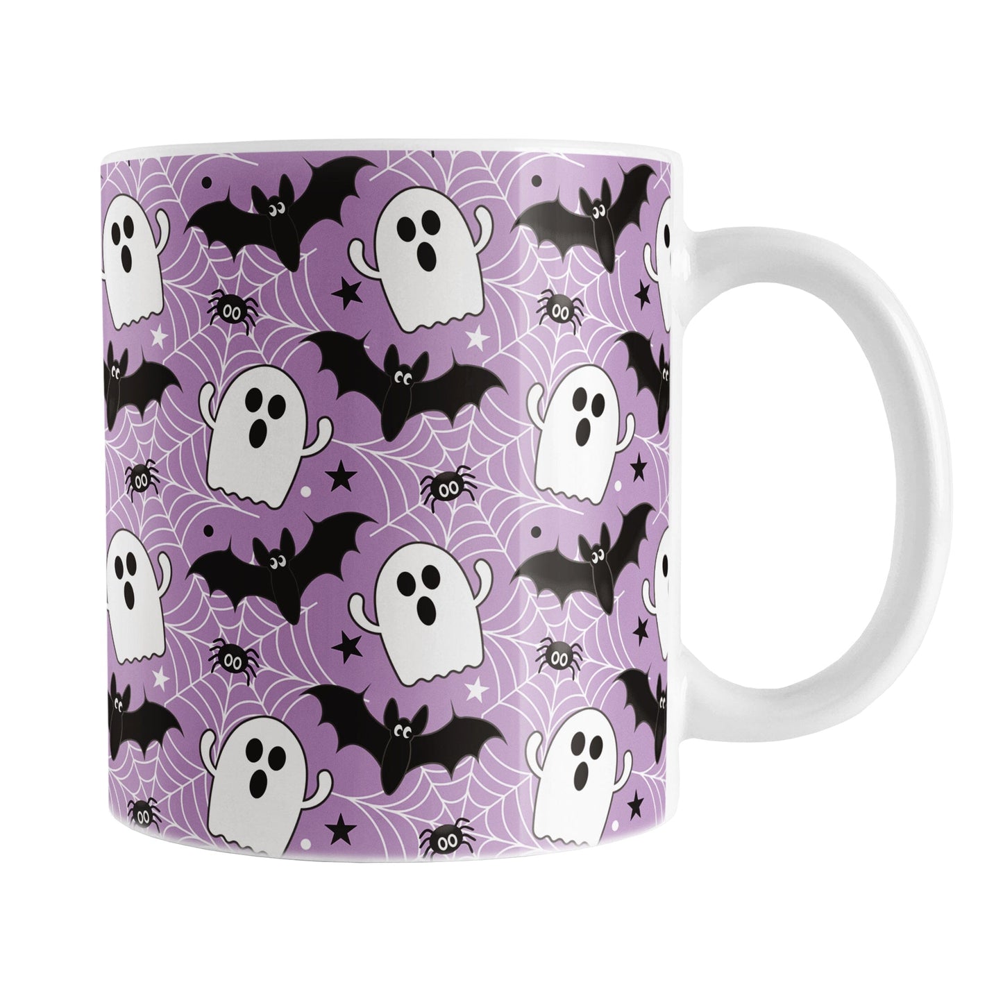 Halloween-themed mug with ghost, bat, and spider pattern on a purple background