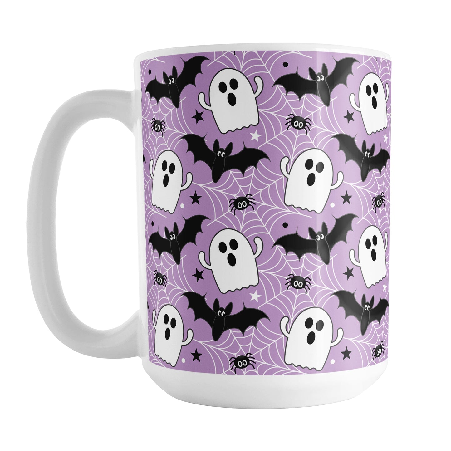 Halloween-themed mug with ghost, bat, and spider pattern on a purple background