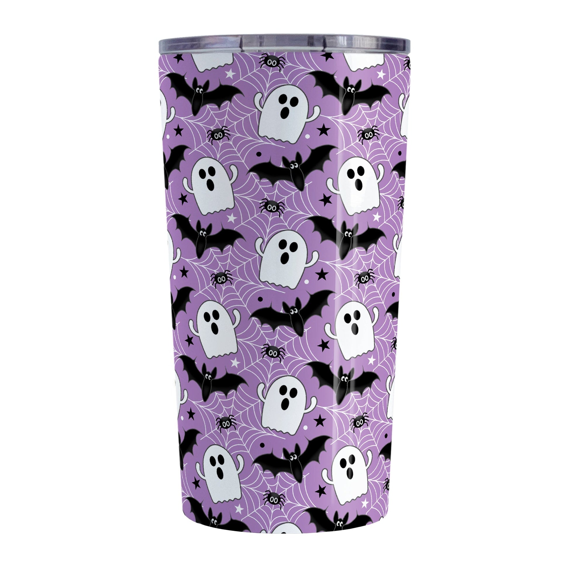Tumbler with Halloween-themed design featuring ghosts, bats, and spider webs on a purple background.