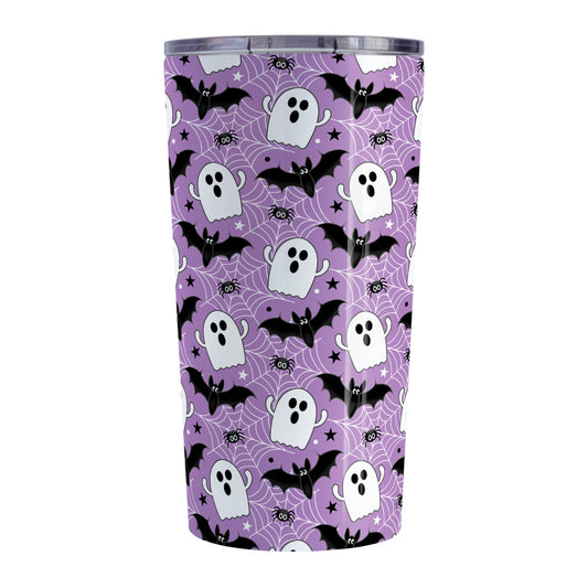 Tumbler with Halloween-themed design featuring ghosts, bats, and spider webs on a purple background.