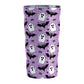 Tumbler with Halloween-themed design featuring ghosts, bats, and spider webs on a purple background.