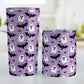 Two tumblers with Halloween-themed design featuring ghosts, bats, and spider webs on a purple background.