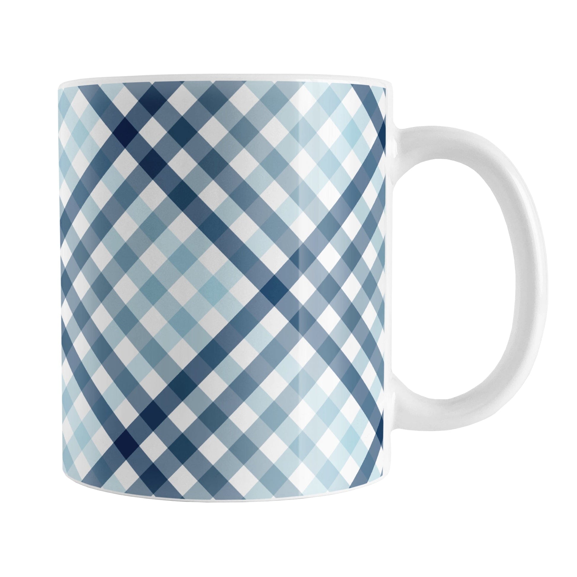 Gradient Blue Gingham Mug (11oz) at Amy's Coffee Mugs. A ceramic mug with a stepped gradient blue gingham pattern that wraps around the mug up to the handle. It's a modern take on a classic black and white check pattern with blue tones progressing from navy blue to light blue. 