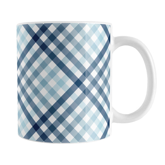 Gradient Blue Gingham Mug (11oz) at Amy's Coffee Mugs. A ceramic mug with a stepped gradient blue gingham pattern that wraps around the mug up to the handle. It's a modern take on a classic black and white check pattern with blue tones progressing from navy blue to light blue. 
