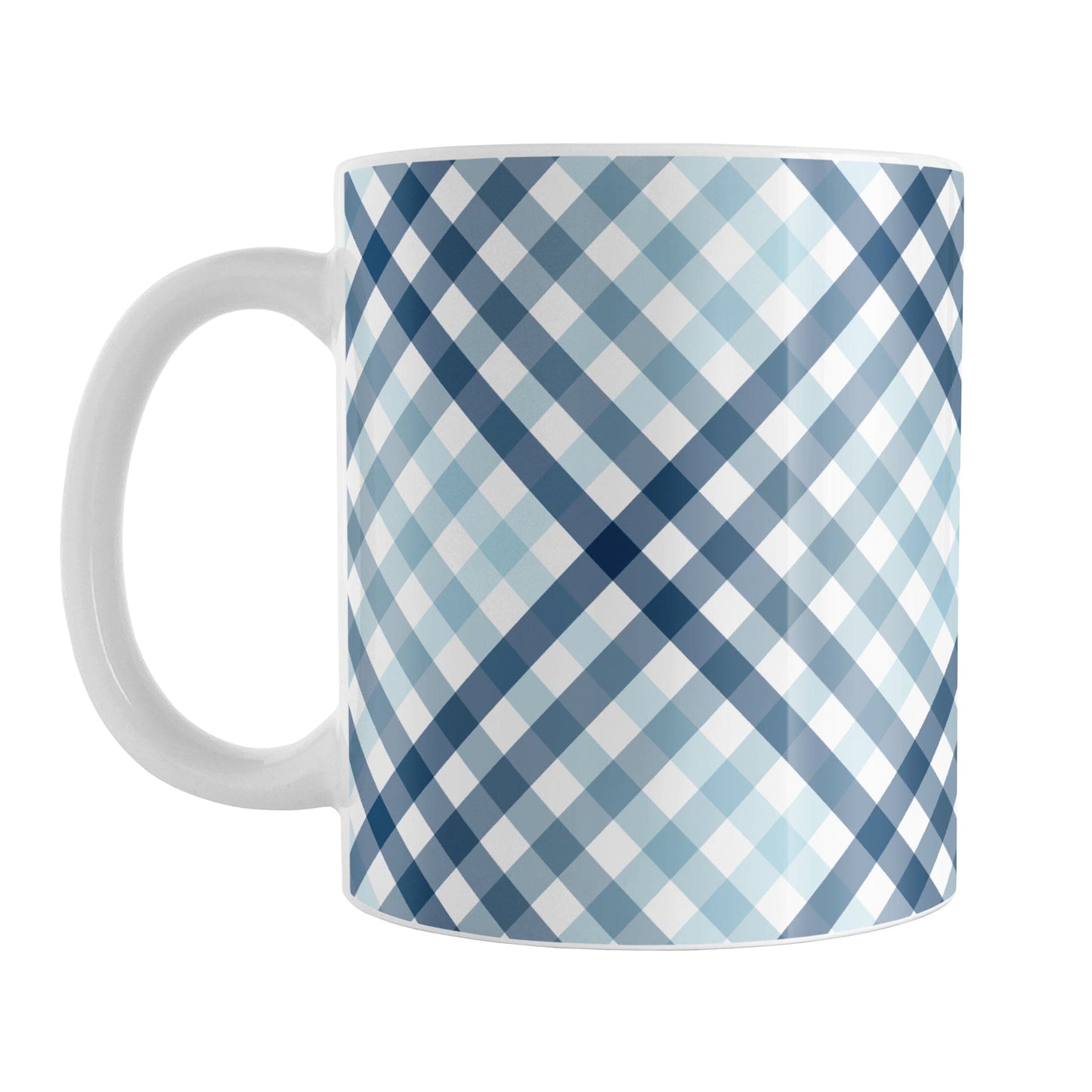 Gradient Blue Gingham Mug (11oz) at Amy's Coffee Mugs. A ceramic mug with a stepped gradient blue gingham pattern that wraps around the mug up to the handle. It's a modern take on a classic black and white check pattern with blue tones progressing from navy blue to light blue. 