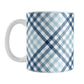 Gradient Blue Gingham Mug (11oz) at Amy's Coffee Mugs. A ceramic mug with a stepped gradient blue gingham pattern that wraps around the mug up to the handle. It's a modern take on a classic black and white check pattern with blue tones progressing from navy blue to light blue. 