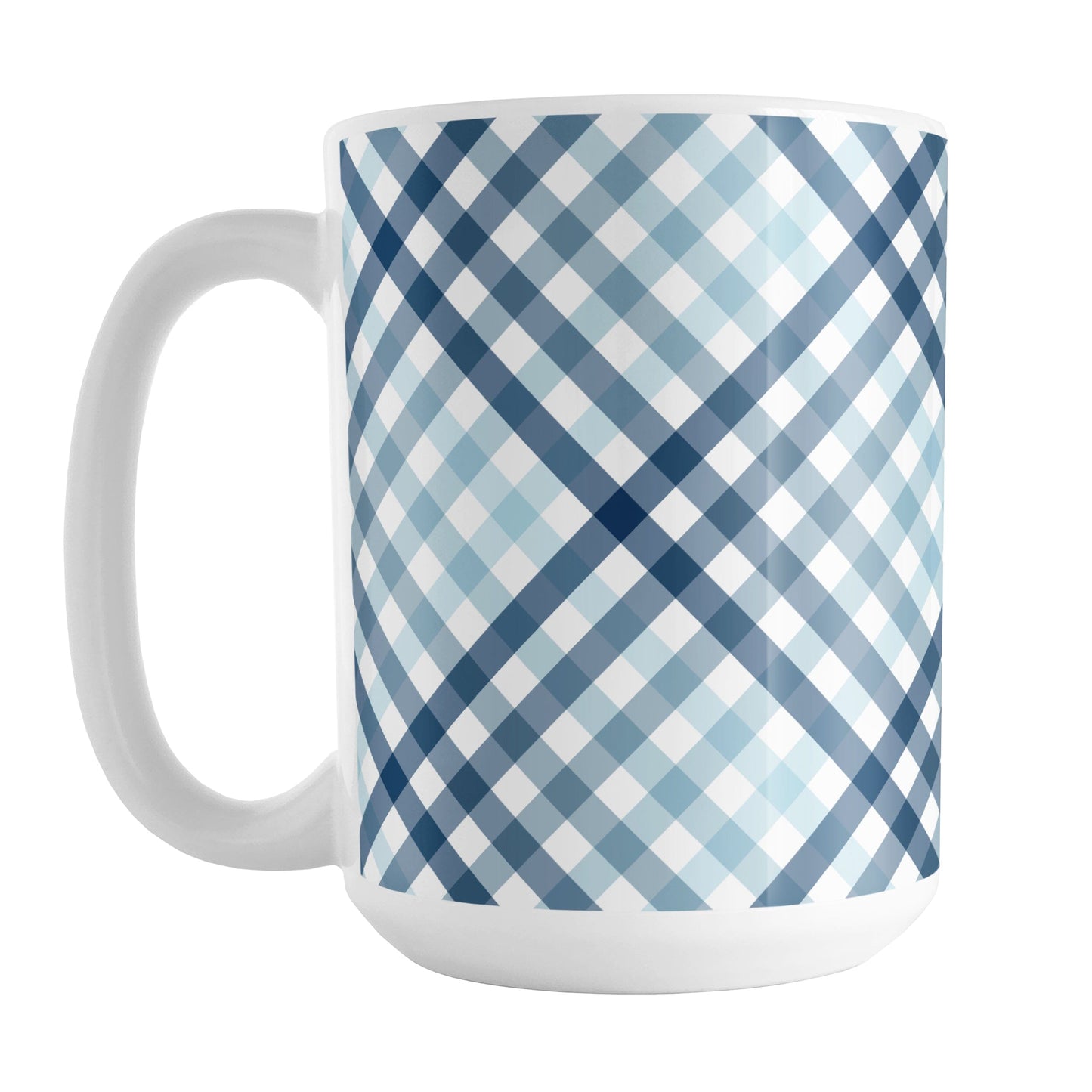 Gradient Blue Gingham Mug (15oz) at Amy's Coffee Mugs. A ceramic mug with a stepped gradient blue gingham pattern that wraps around the mug up to the handle. It's a modern take on a classic black and white check pattern with blue tones progressing from navy blue to light blue. 