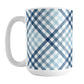 Gradient Blue Gingham Mug (15oz) at Amy's Coffee Mugs. A ceramic mug with a stepped gradient blue gingham pattern that wraps around the mug up to the handle. It's a modern take on a classic black and white check pattern with blue tones progressing from navy blue to light blue. 