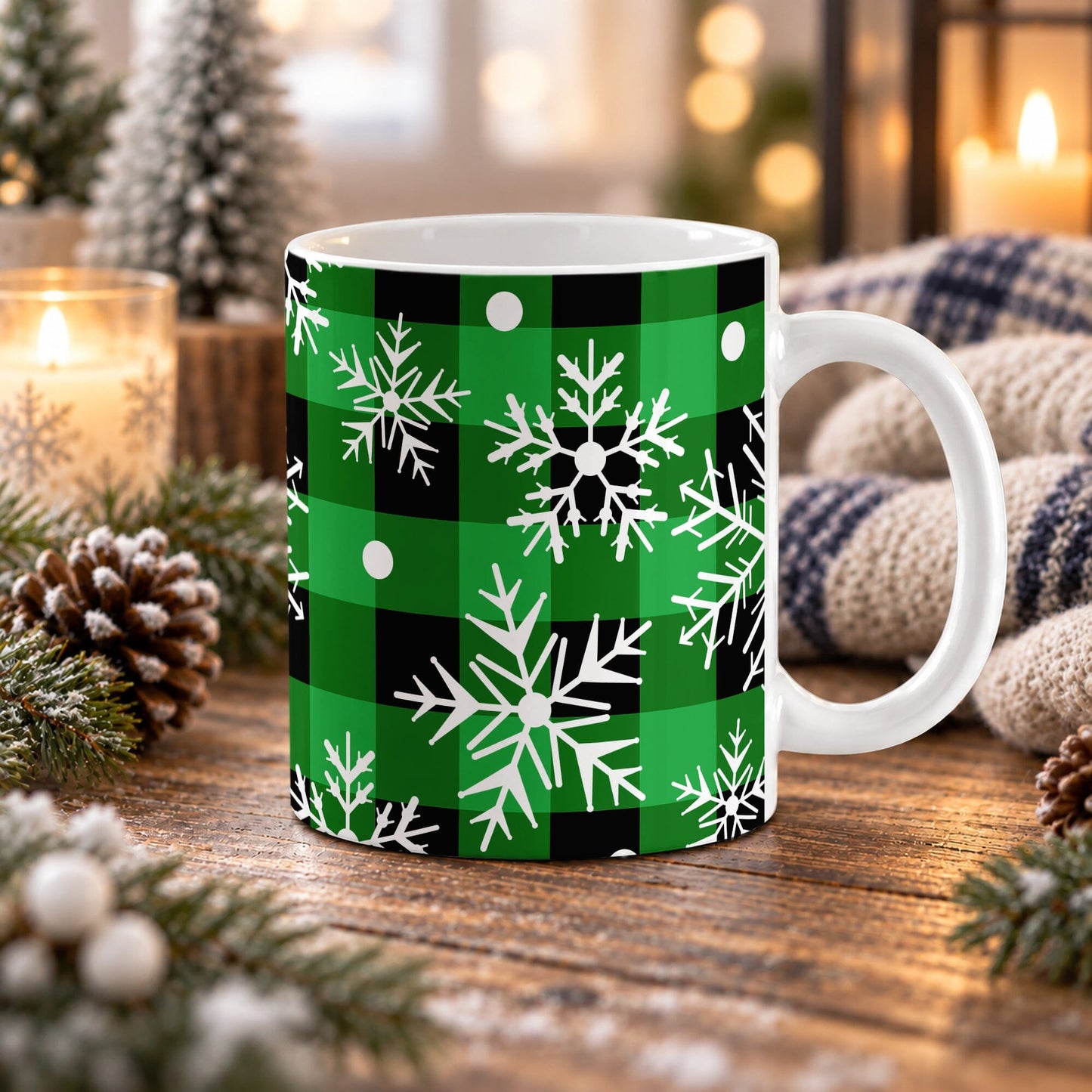 11 oz green and black buffalo plaid winter mug with large white snowflakes, smaller snowflake shapes, and scattered white round accents, shown on a wooden table with winter decor around it.