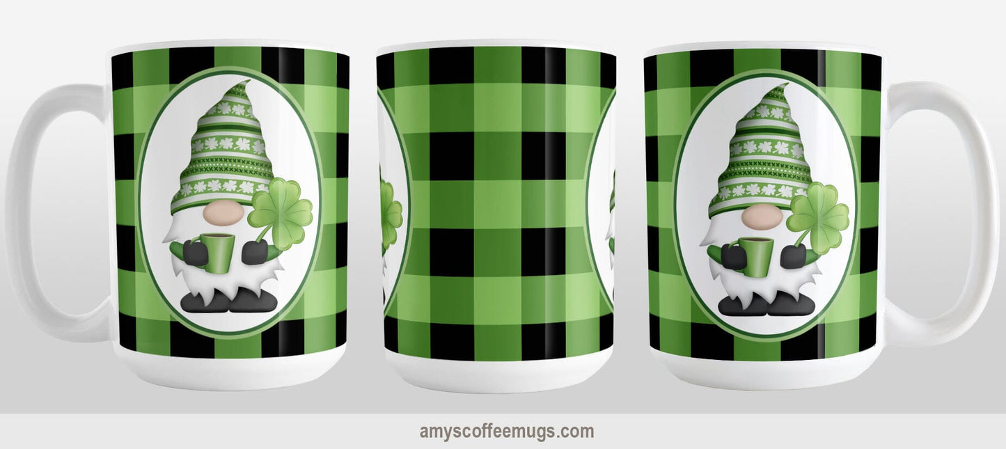 15oz mug with a green and black checkered (buffalo plaid) pattern featuring a gnome and four-leaf clover design. Image shows three views of the mug to display the entire design